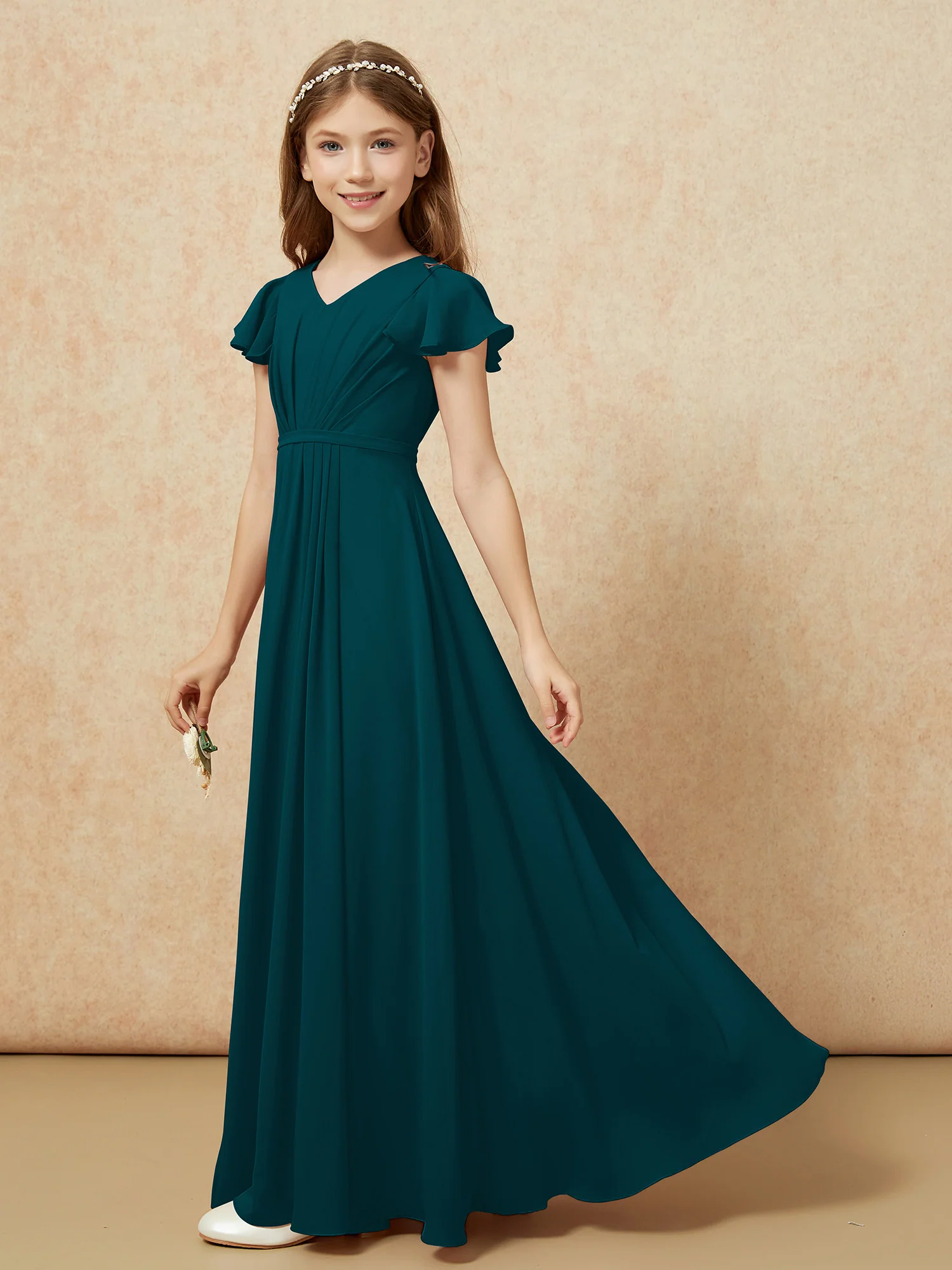 Flutter Sleeves V-neck Chiffon Junior Bridesmaid Dresses Pine - Image 3