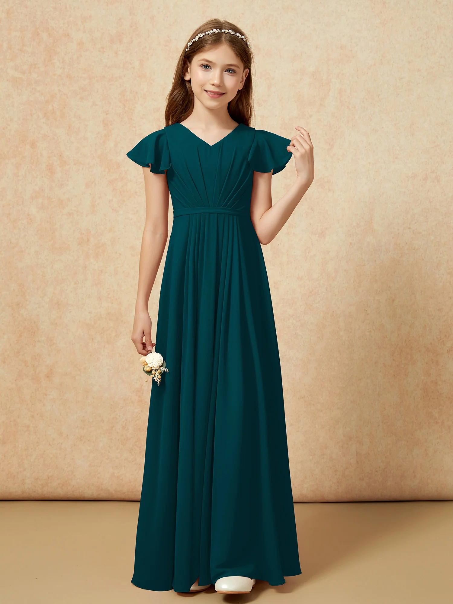 Flutter Sleeves V-neck Chiffon Junior Bridesmaid Dresses Pine - Image 4