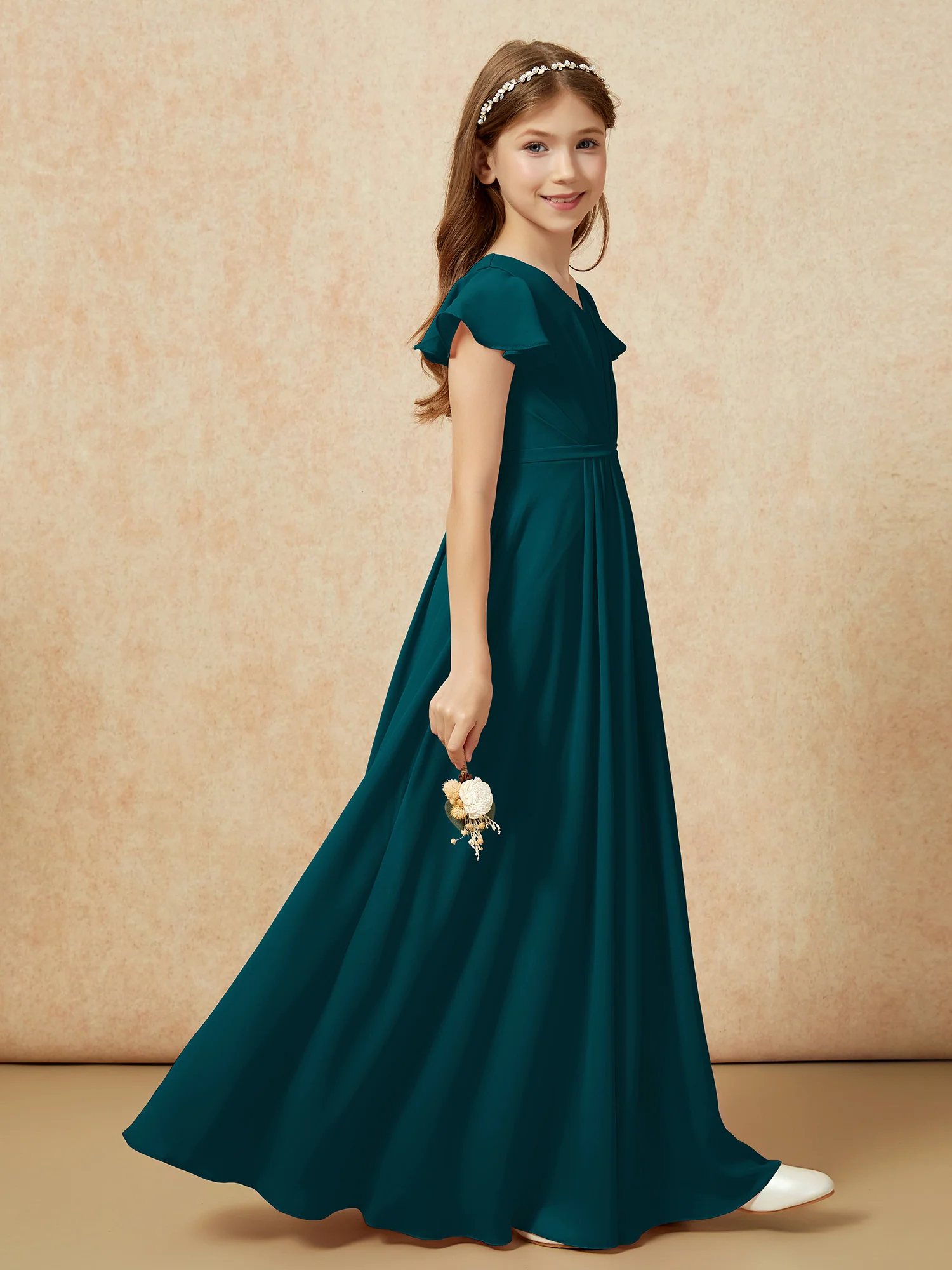 Flutter Sleeves V-neck Chiffon Junior Bridesmaid Dresses Pine - Image 5