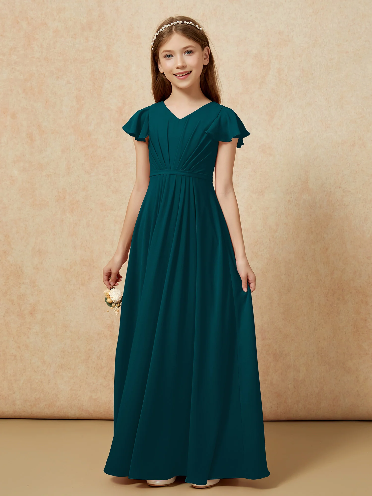 Flutter Sleeves V-neck Chiffon Junior Bridesmaid Dresses Pine - Image 7