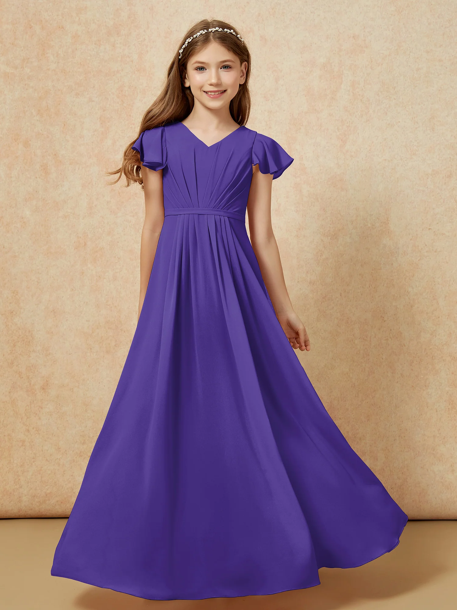 Flutter Sleeves V-neck Chiffon Junior Bridesmaid Dresses Regency