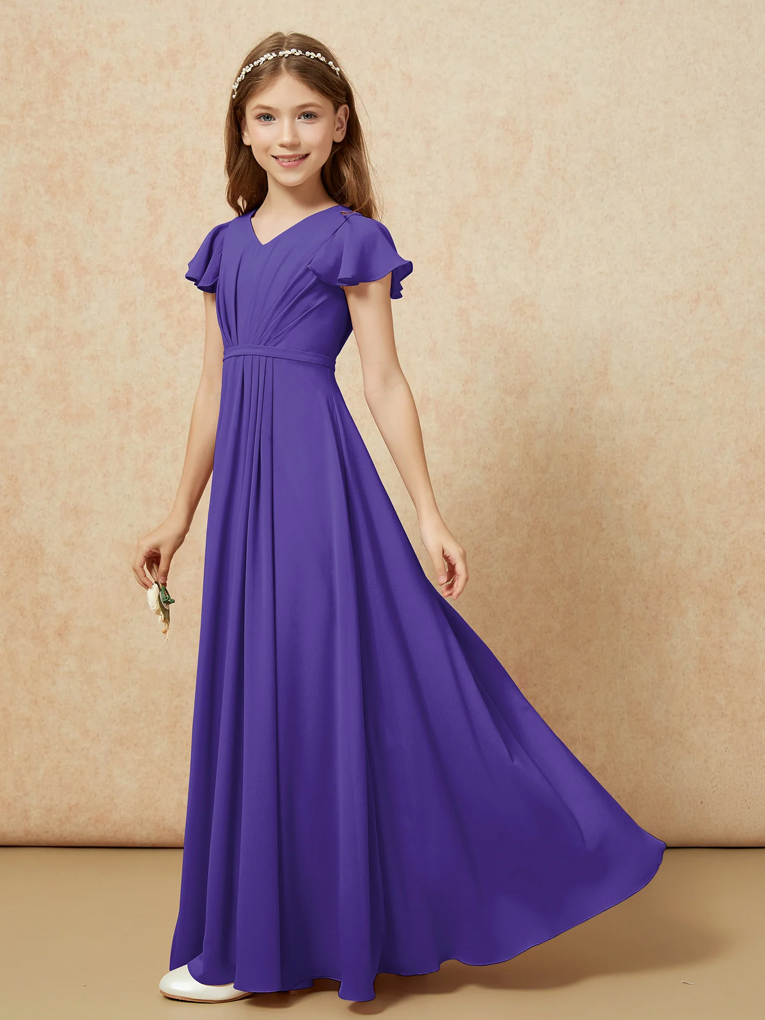 Flutter Sleeves V-neck Chiffon Junior Bridesmaid Dresses Regency - Image 3