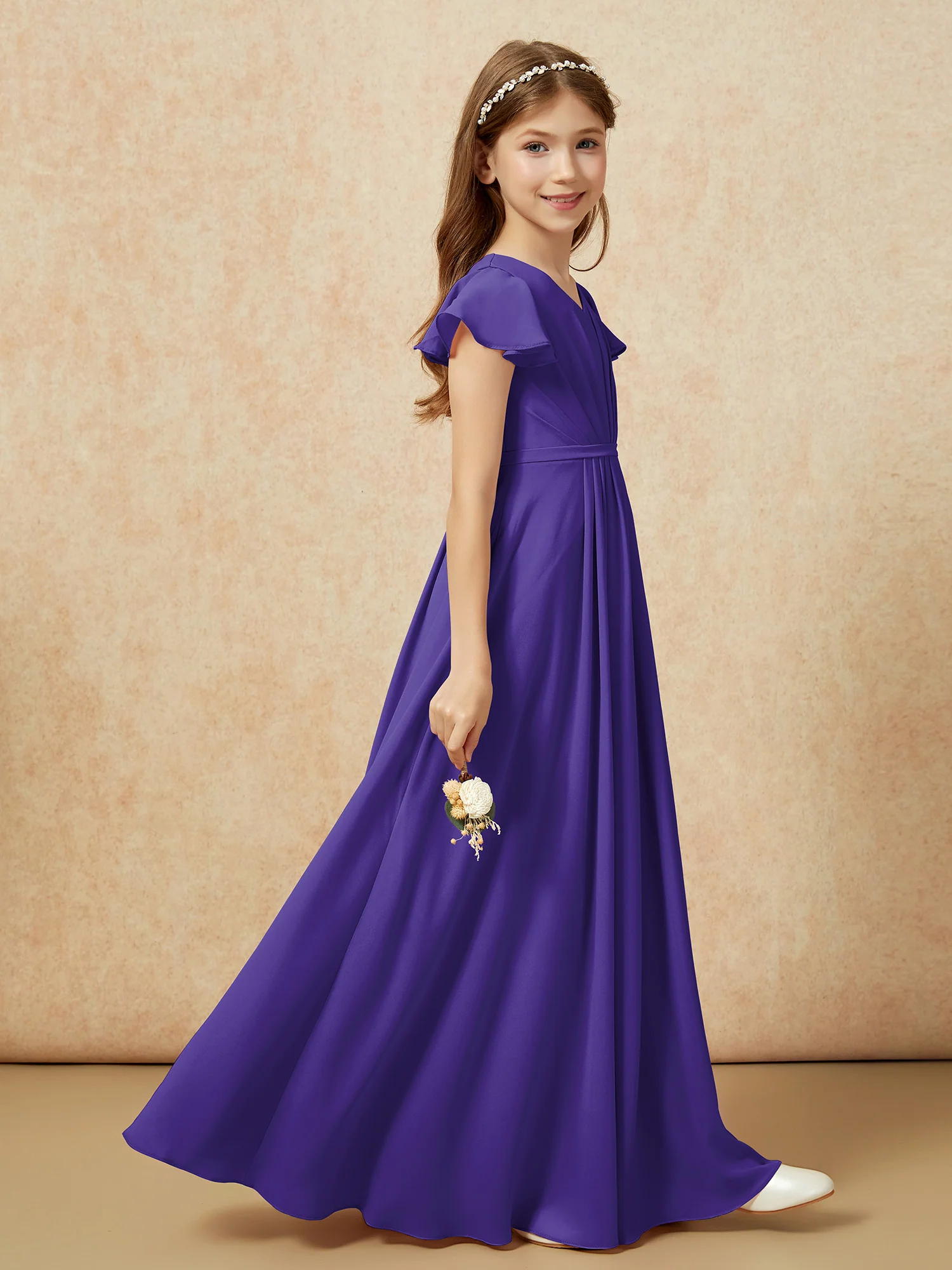 Flutter Sleeves V-neck Chiffon Junior Bridesmaid Dresses Regency - Image 5