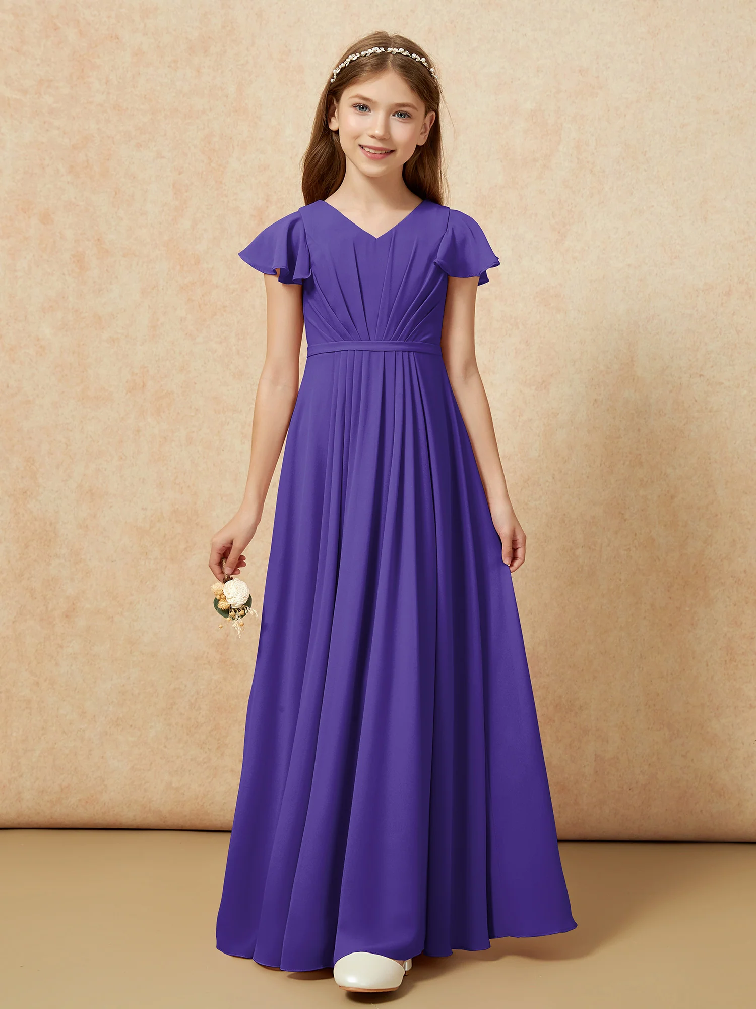 Flutter Sleeves V-neck Chiffon Junior Bridesmaid Dresses Regency - Image 6