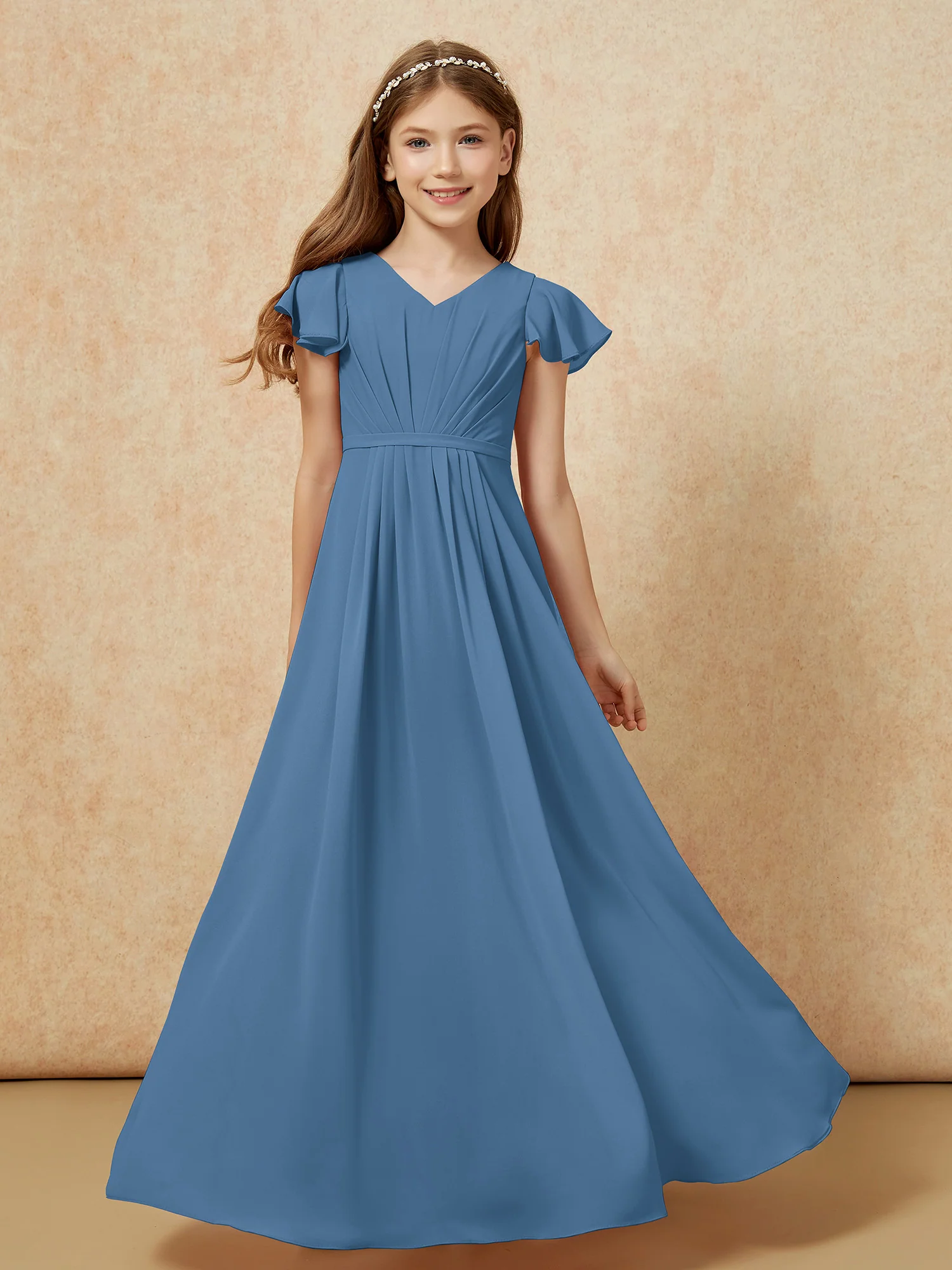 Flutter Sleeves V-neck Chiffon Junior Bridesmaid Dresses Slate Blue