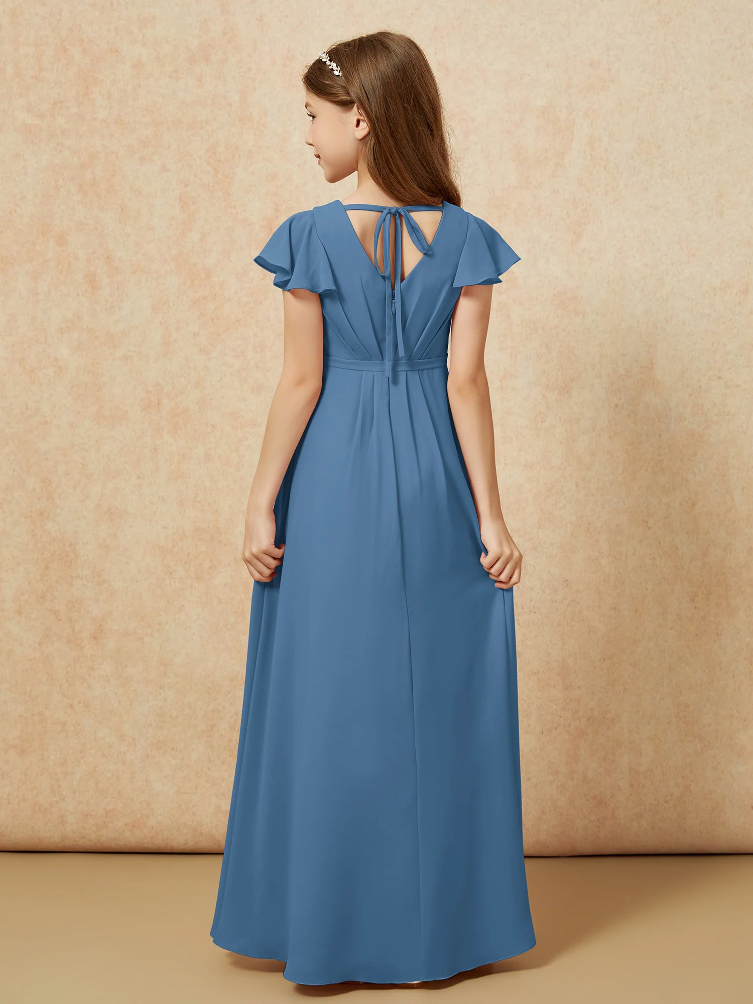 Flutter Sleeves V-neck Chiffon Junior Bridesmaid Dresses Slate Blue - Image 2