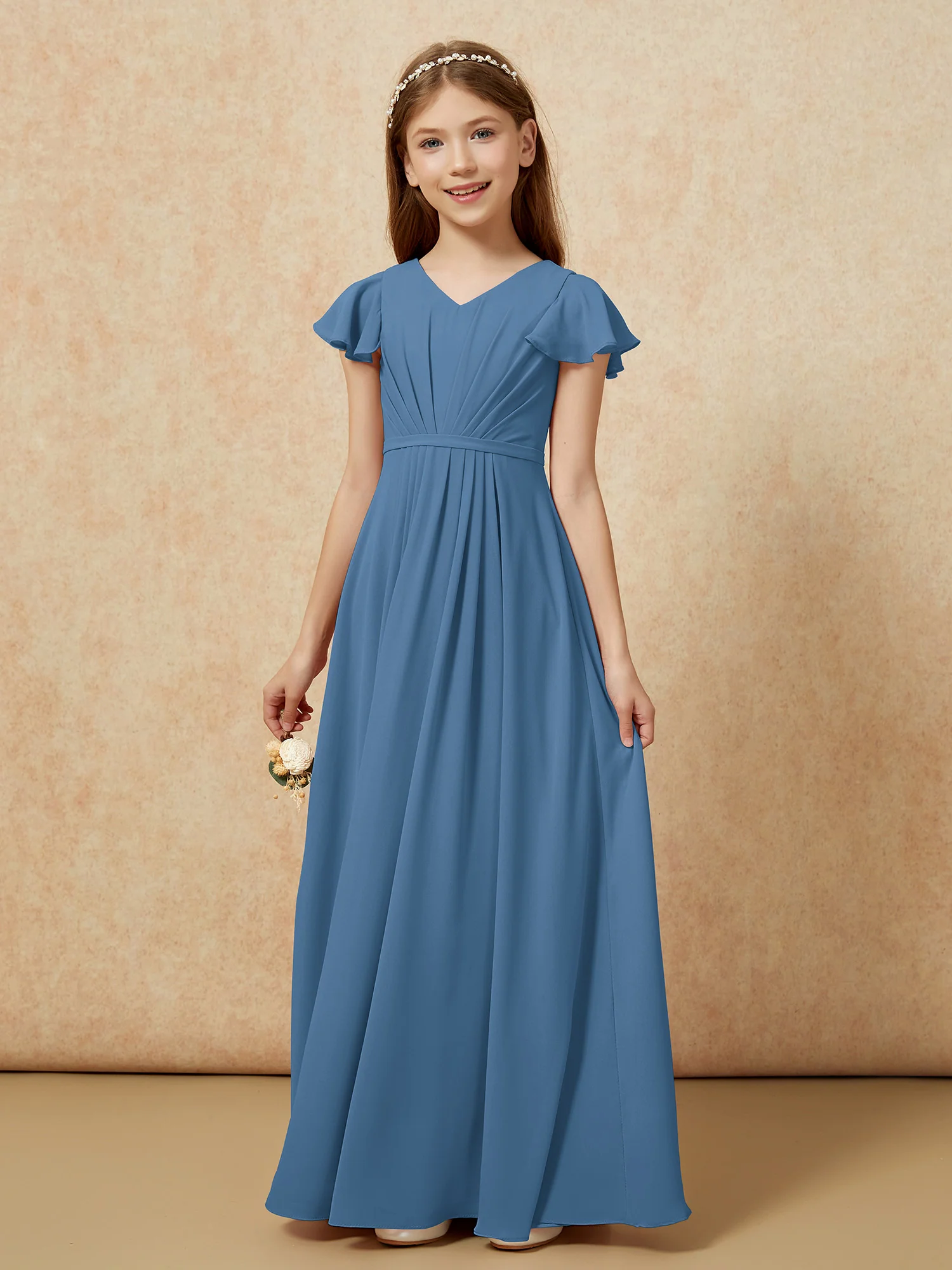 Flutter Sleeves V-neck Chiffon Junior Bridesmaid Dresses Slate Blue - Image 7
