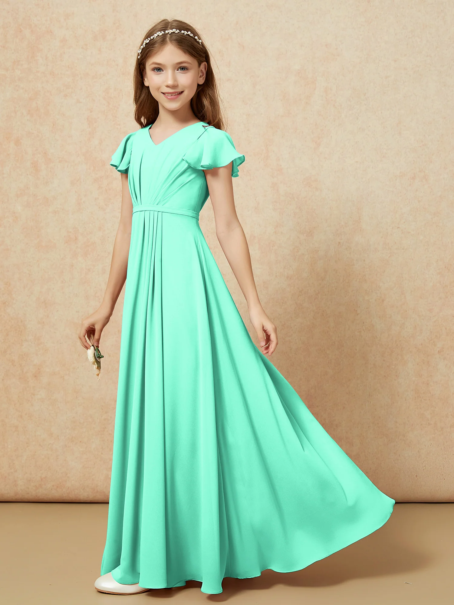 Flutter Sleeves V-neck Chiffon Junior Bridesmaid Dresses Turquoise - Image 3