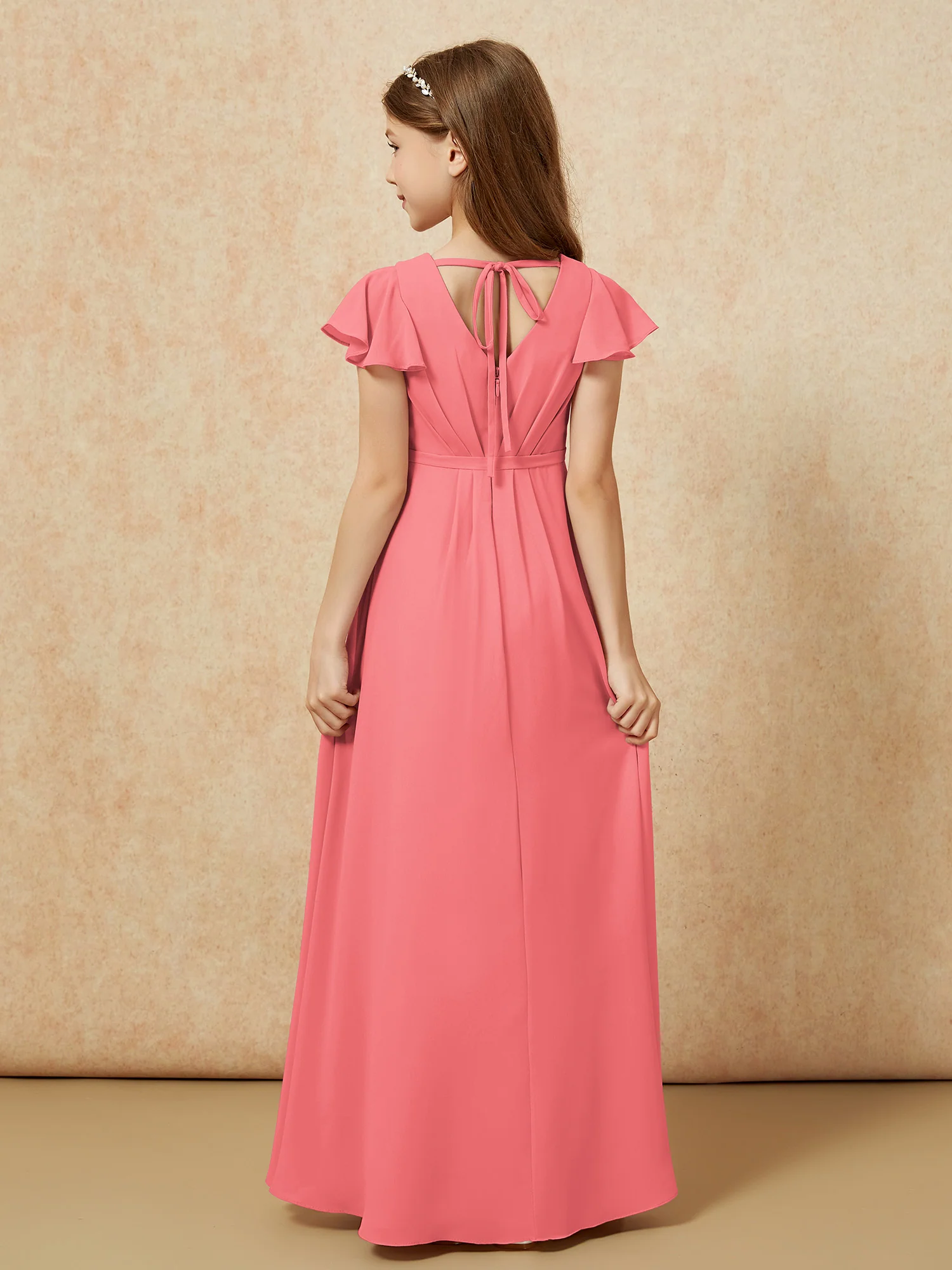 Flutter Sleeves V-neck Chiffon Junior Bridesmaid Dresses Watermelon - Image 2