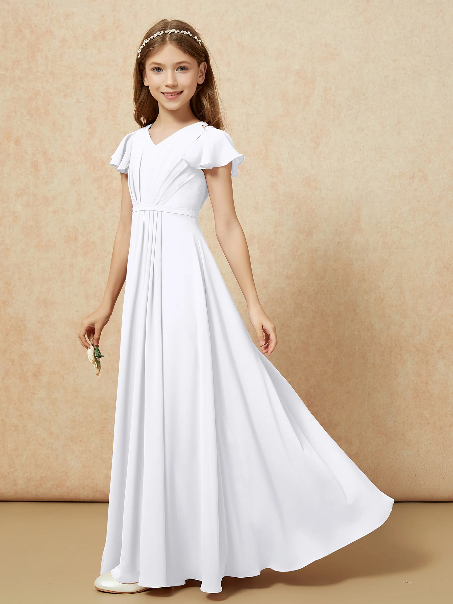 Flutter Sleeves V-neck Chiffon Junior Bridesmaid Dresses White - Image 3