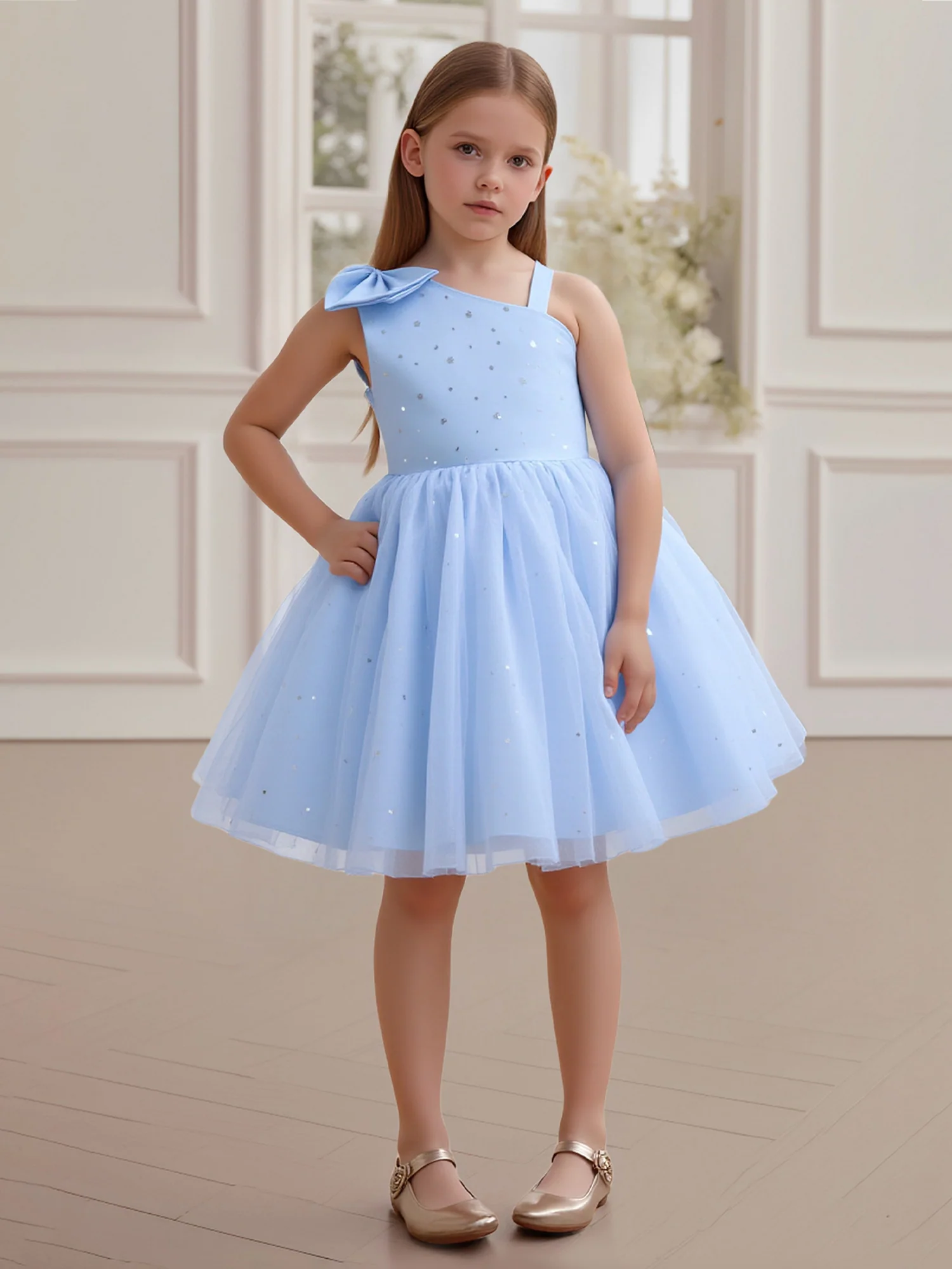 Sleeveless Sparkle Skirt Party Flower Girl Dress Blue
