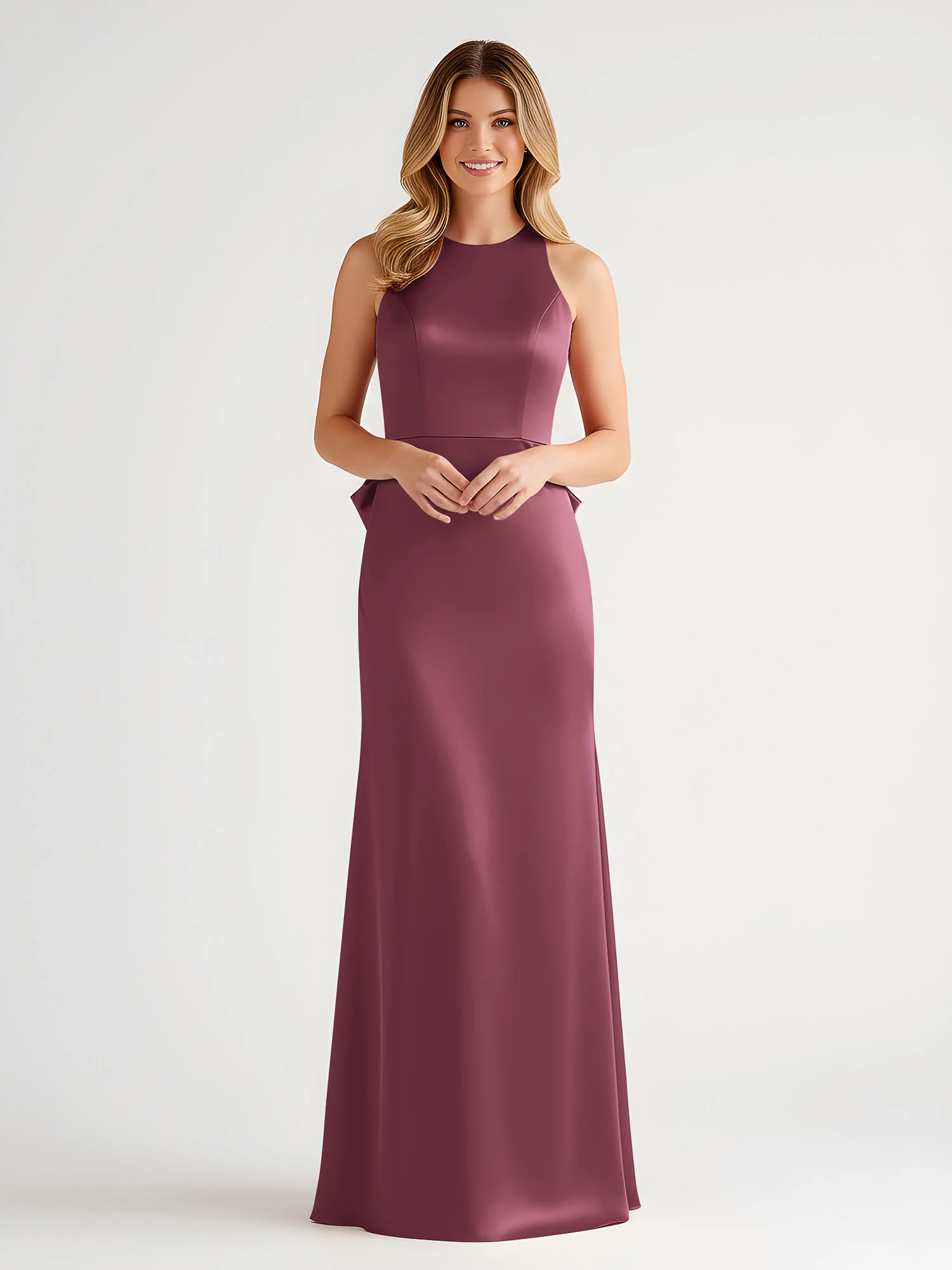 Sleeveless Satin Gown with Oversized Back Bow Mulberry