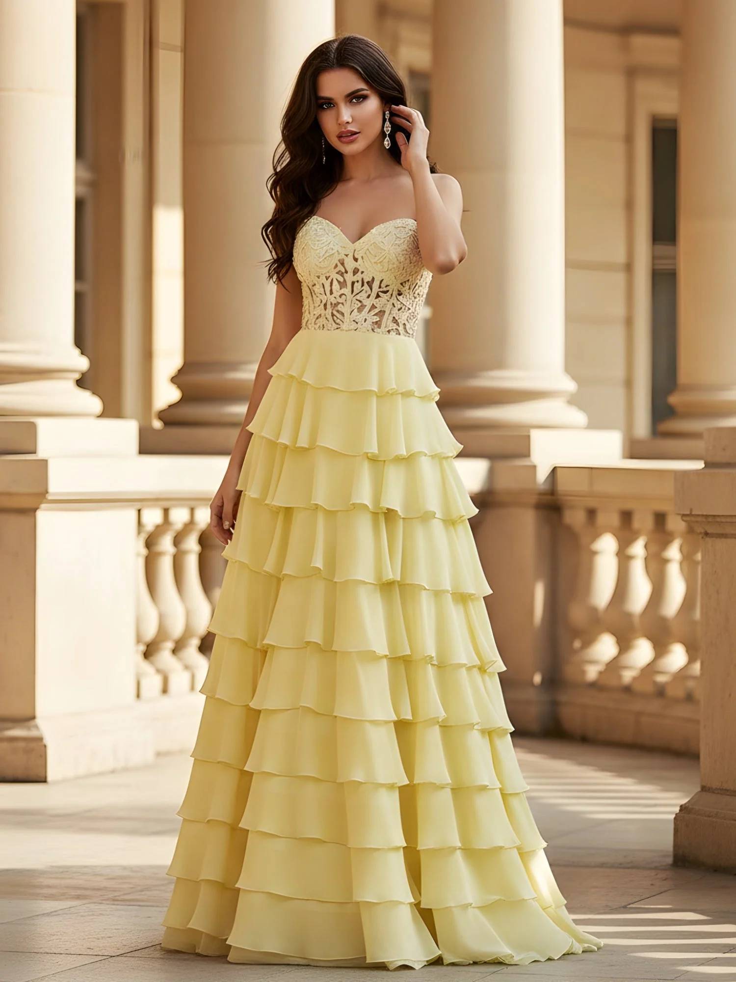 Voluminous Chiffon Dress with Exposed Lace-Up Back Jade