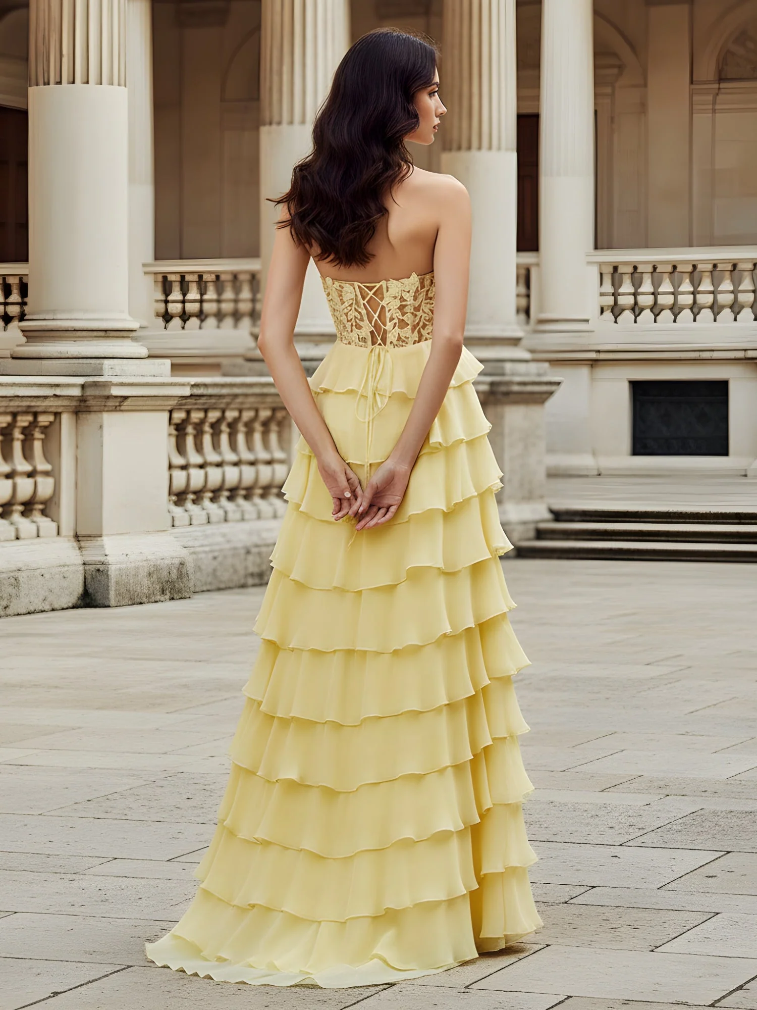 Voluminous Chiffon Dress with Exposed Lace-Up Back Red - Image 2