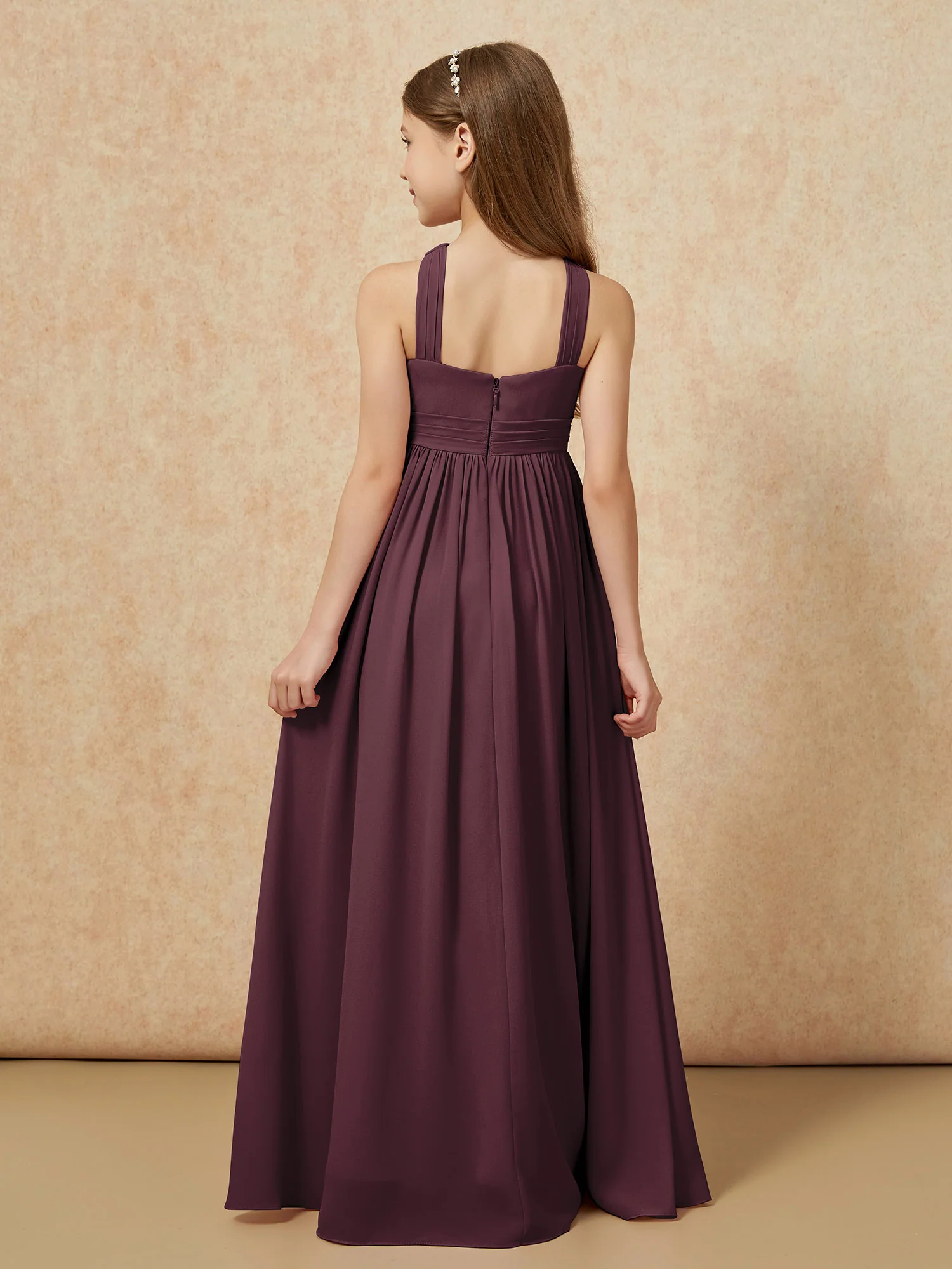 Grecian Neck Chiffon Junior Bridesmaid Dresses With Slit Cabernet - Image 2