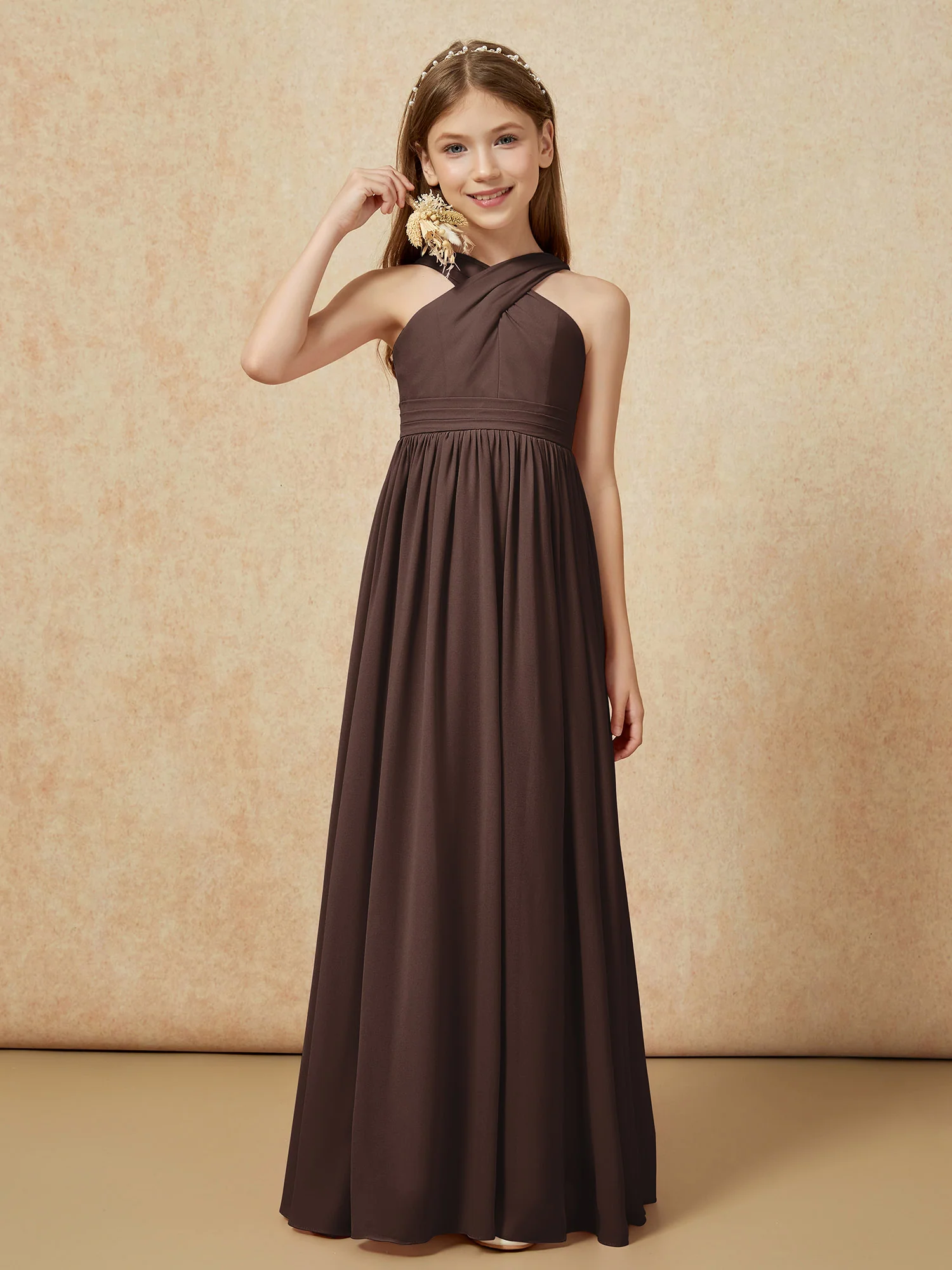 Grecian Neck Chiffon Junior Bridesmaid Dresses With Slit Chocolate