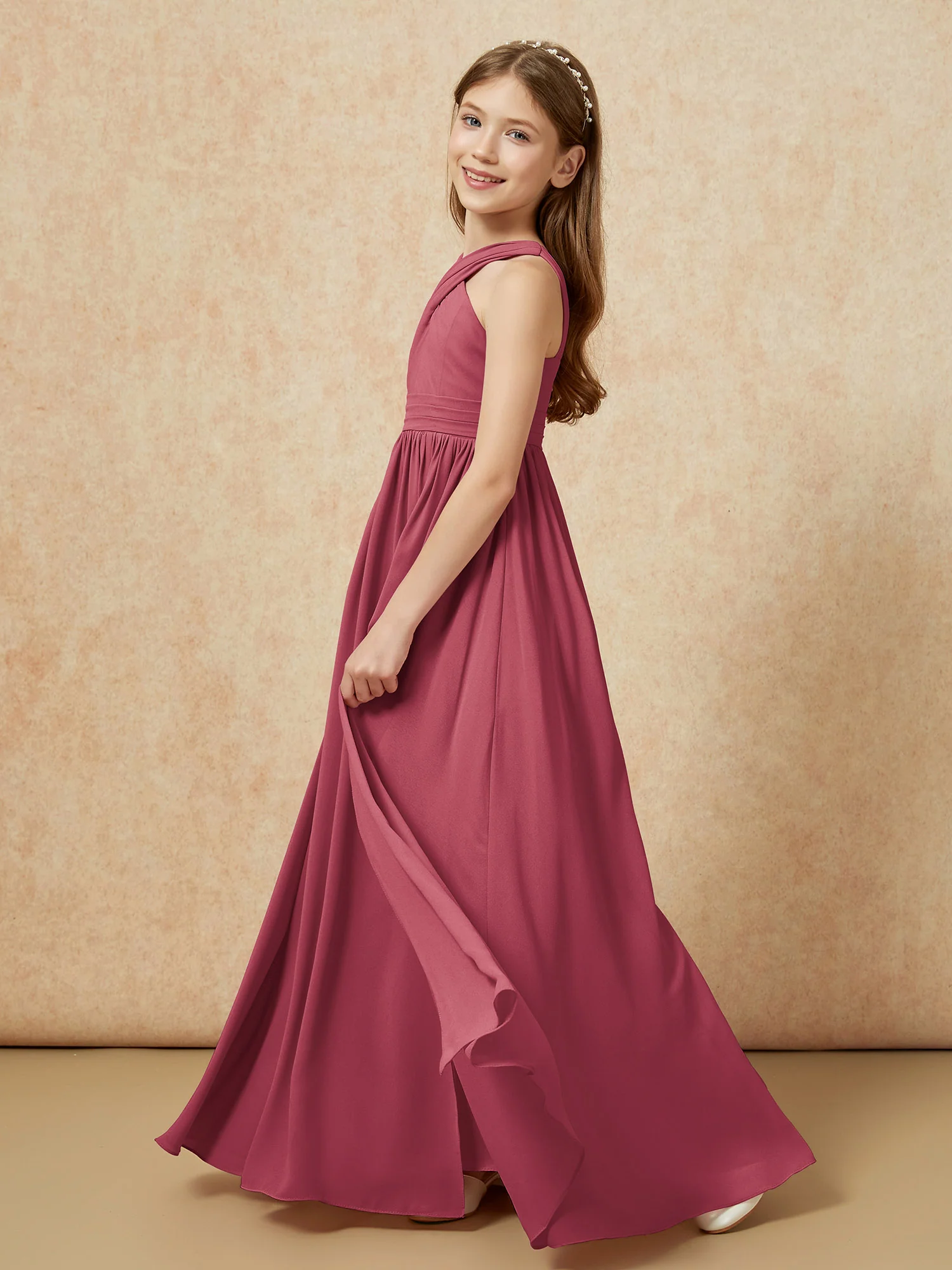 Grecian Neck Chiffon Junior Bridesmaid Dresses With Slit Cinnamon Rose - Image 3