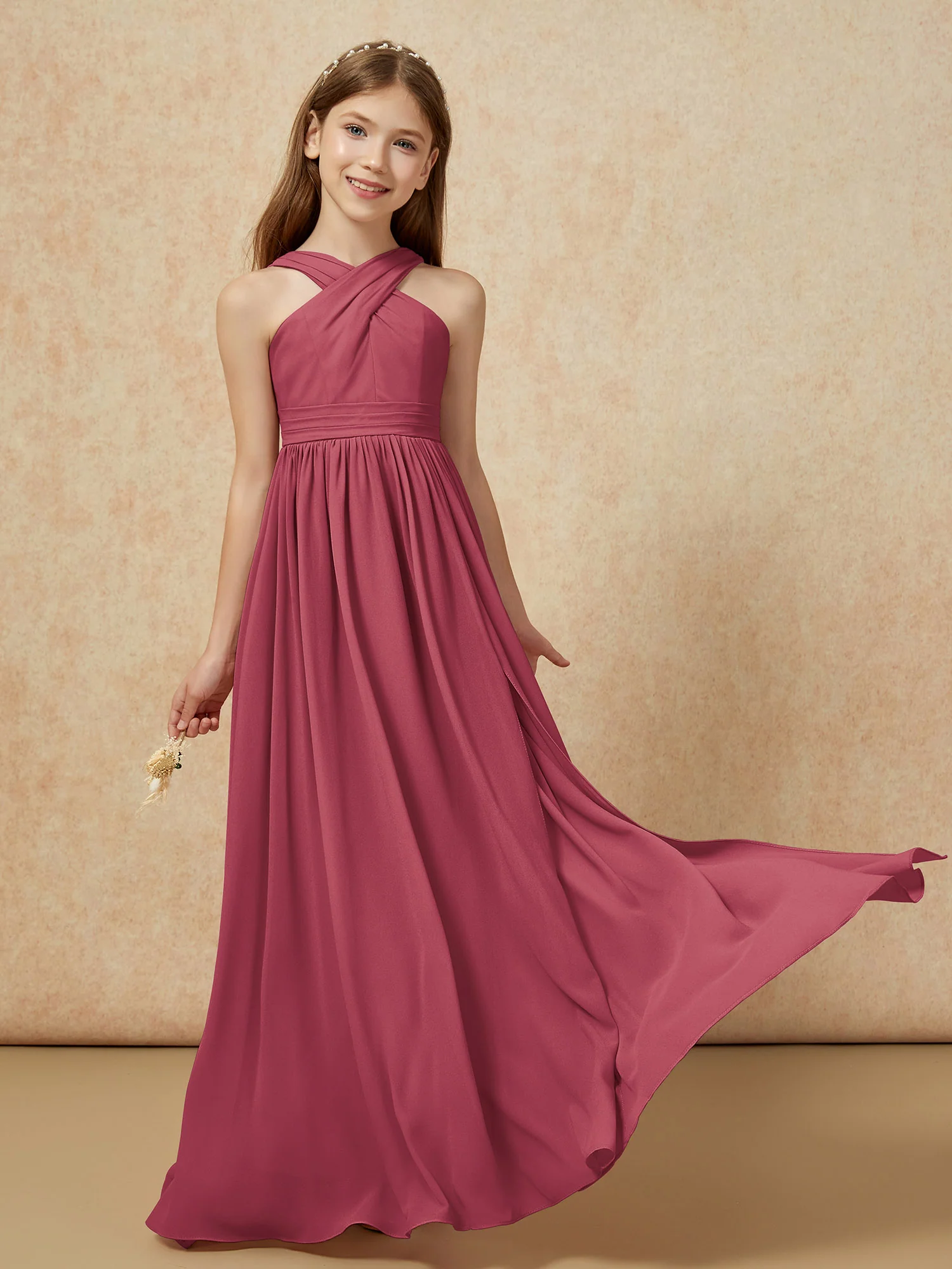 Grecian Neck Chiffon Junior Bridesmaid Dresses With Slit Cinnamon Rose - Image 5