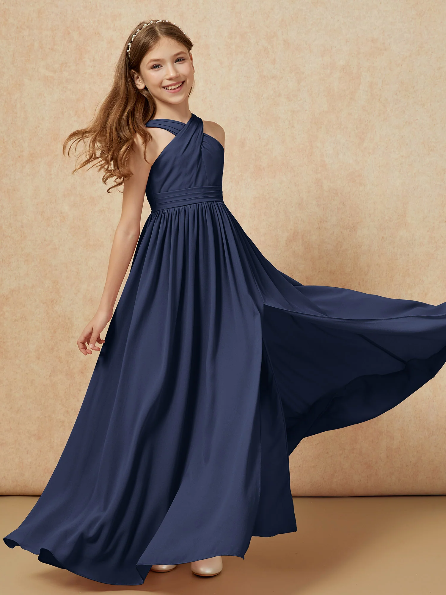 Grecian Neck Chiffon Junior Bridesmaid Dresses With Slit Dark Navy - Image 6