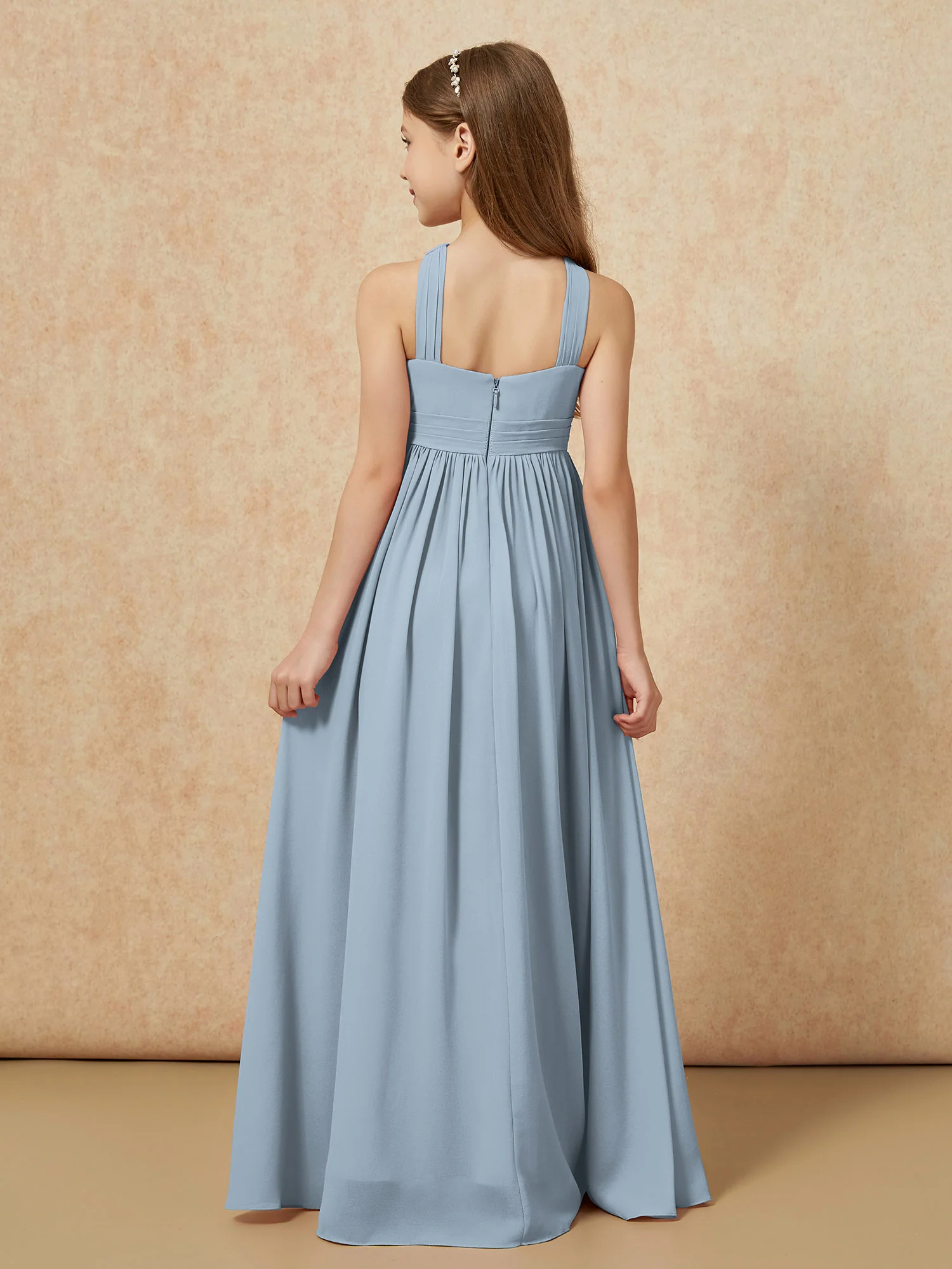 Grecian Neck Chiffon Junior Bridesmaid Dresses With Slit Dusty Blue - Image 2