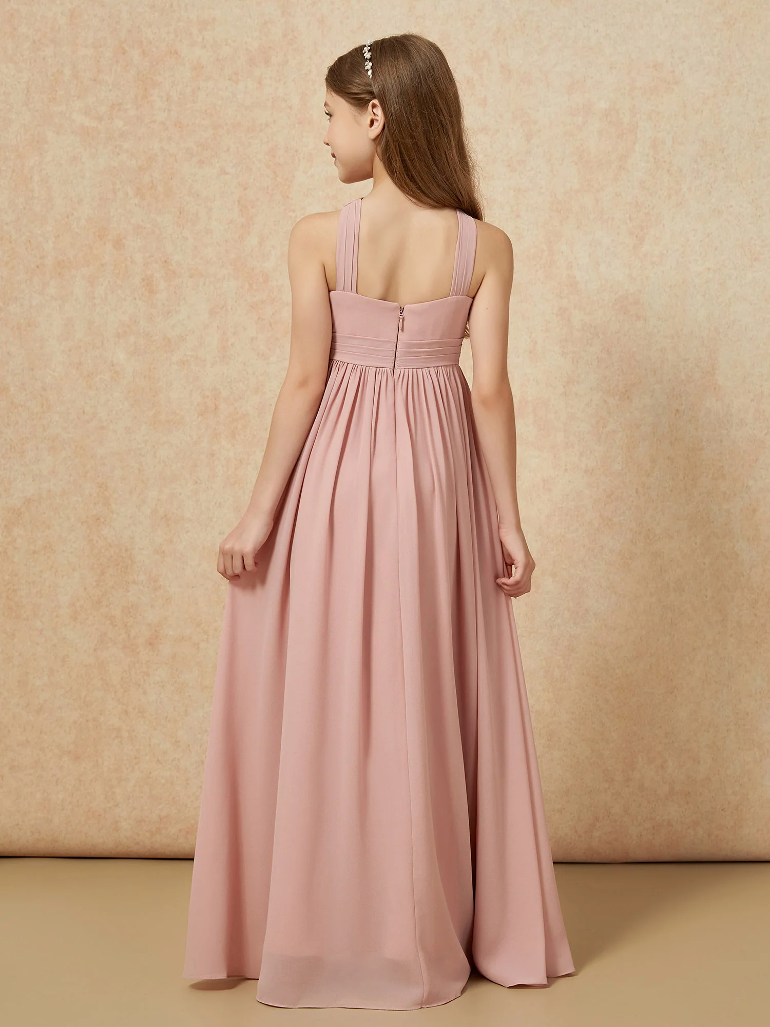 Grecian Neck Chiffon Junior Bridesmaid Dresses With Slit Dusty Rose - Image 2