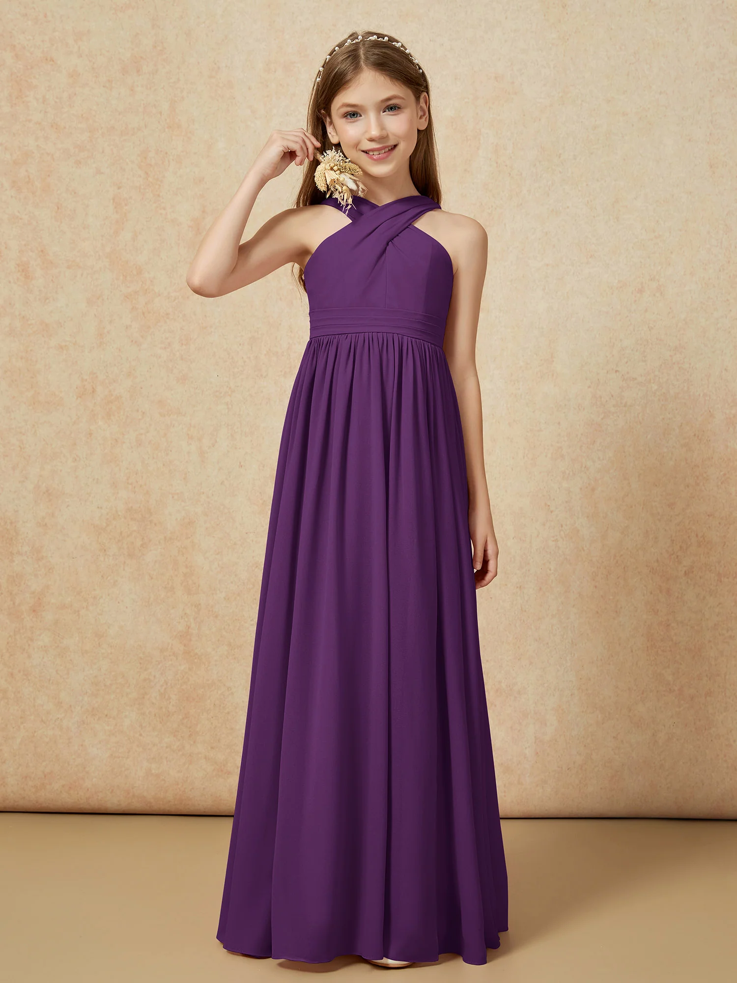 Grecian Neck Chiffon Junior Bridesmaid Dresses With Slit Grape