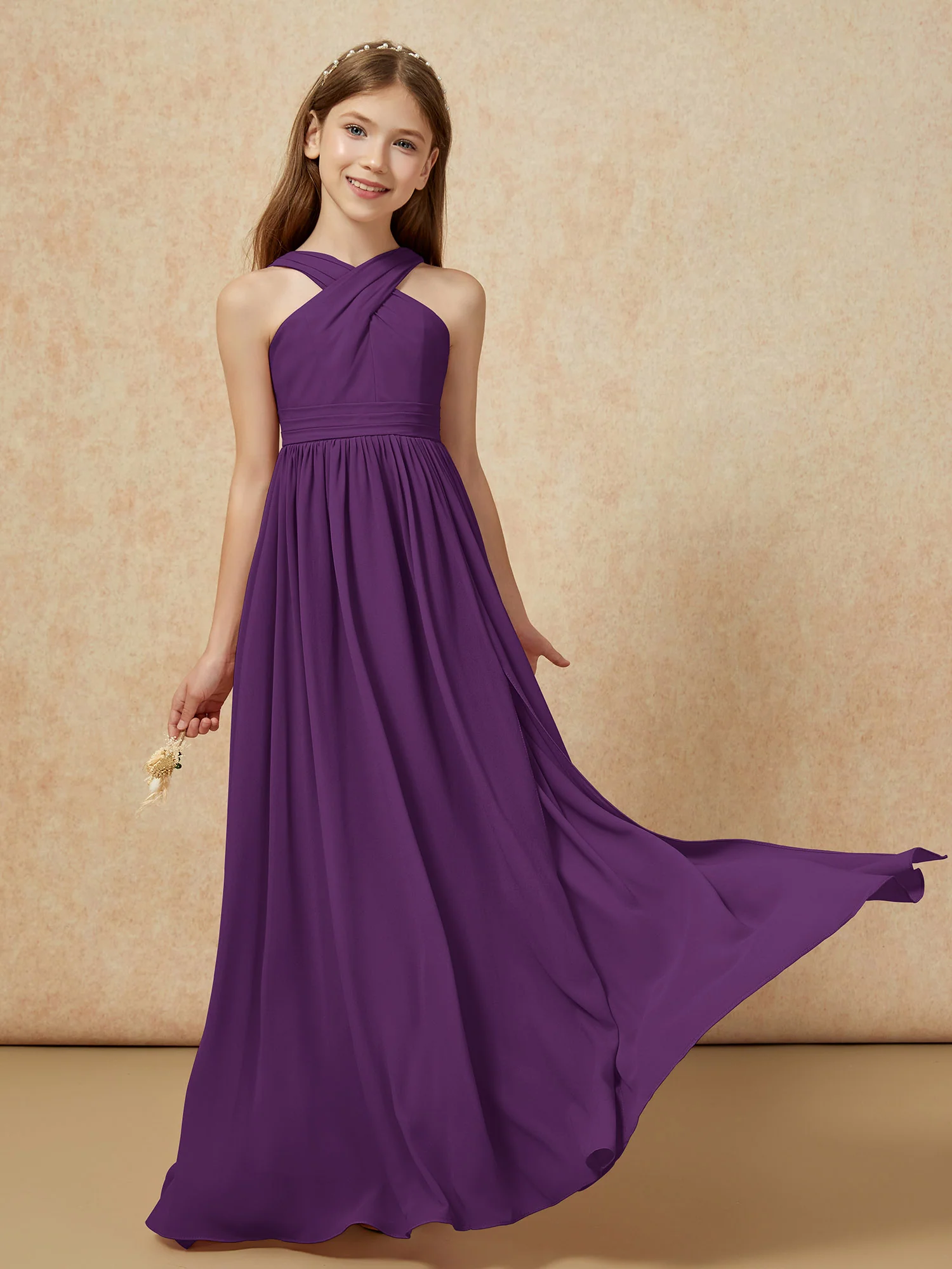 Grecian Neck Chiffon Junior Bridesmaid Dresses With Slit Grape - Image 5