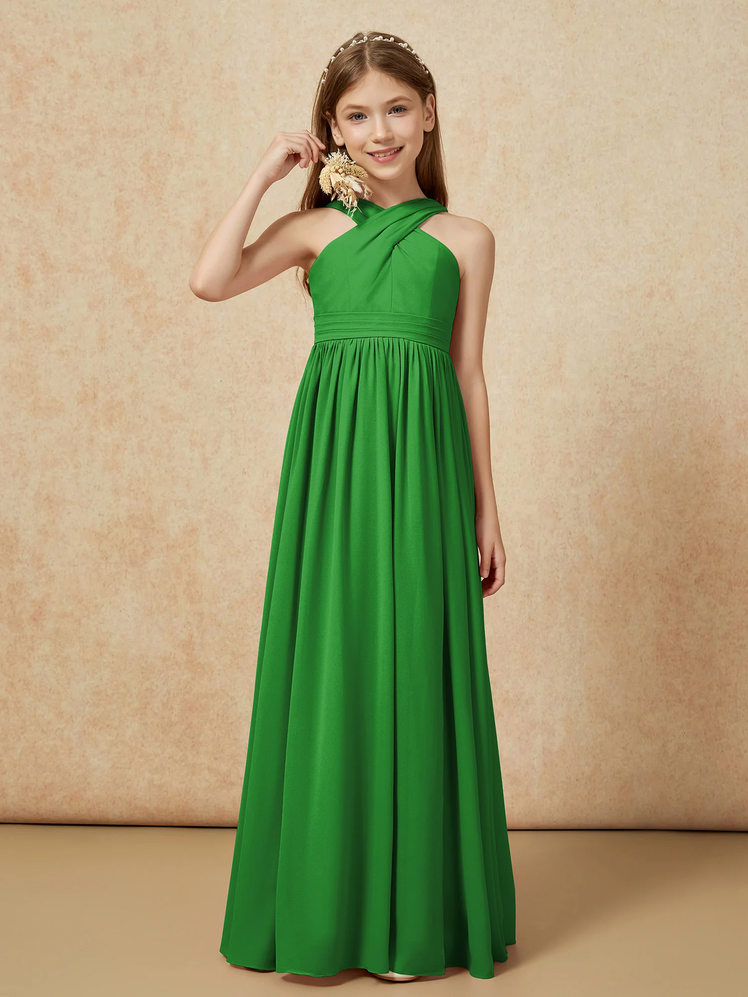 Grecian Neck Chiffon Junior Bridesmaid Dresses With Slit Green
