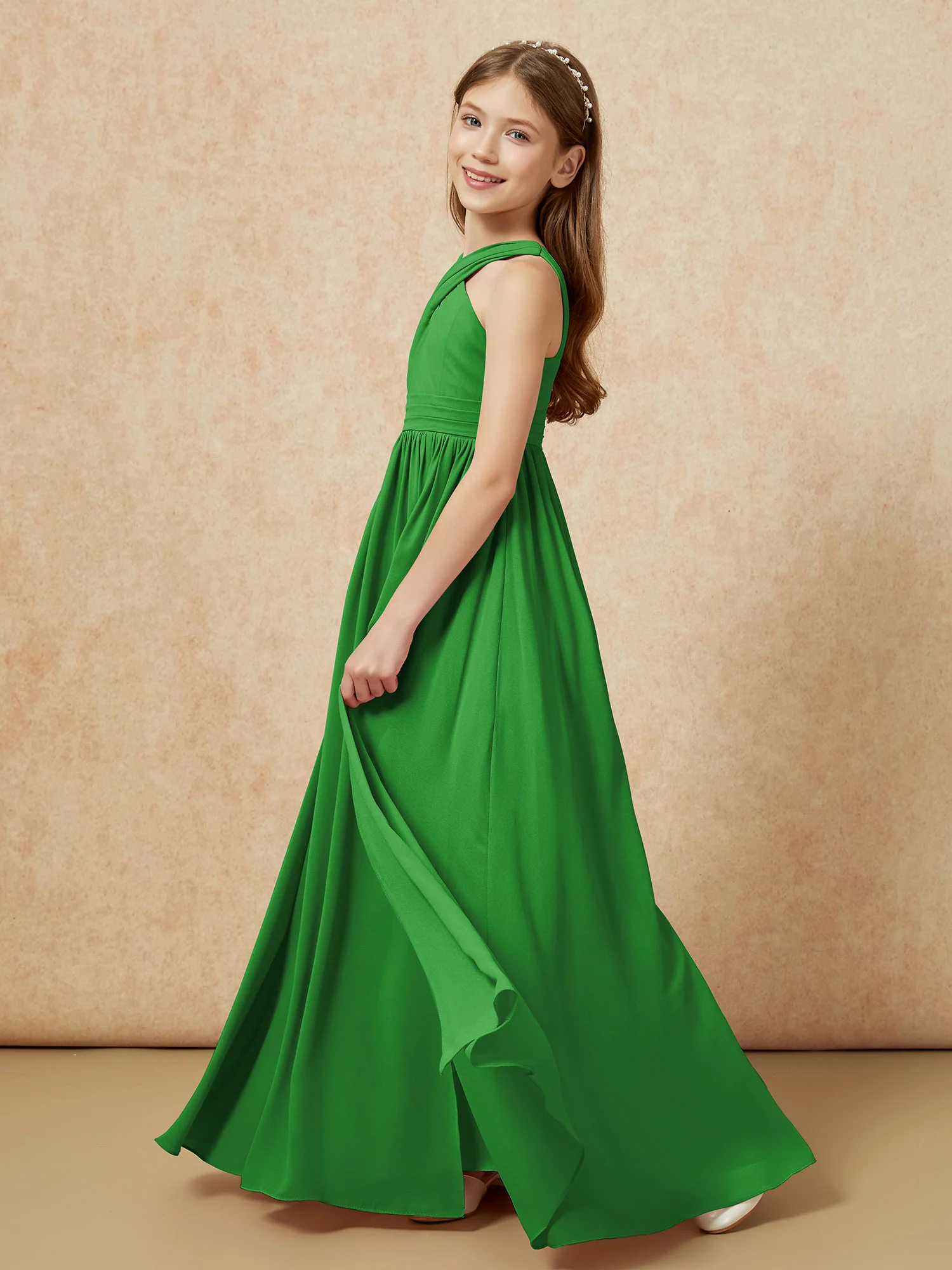 Grecian Neck Chiffon Junior Bridesmaid Dresses With Slit Green - Image 3
