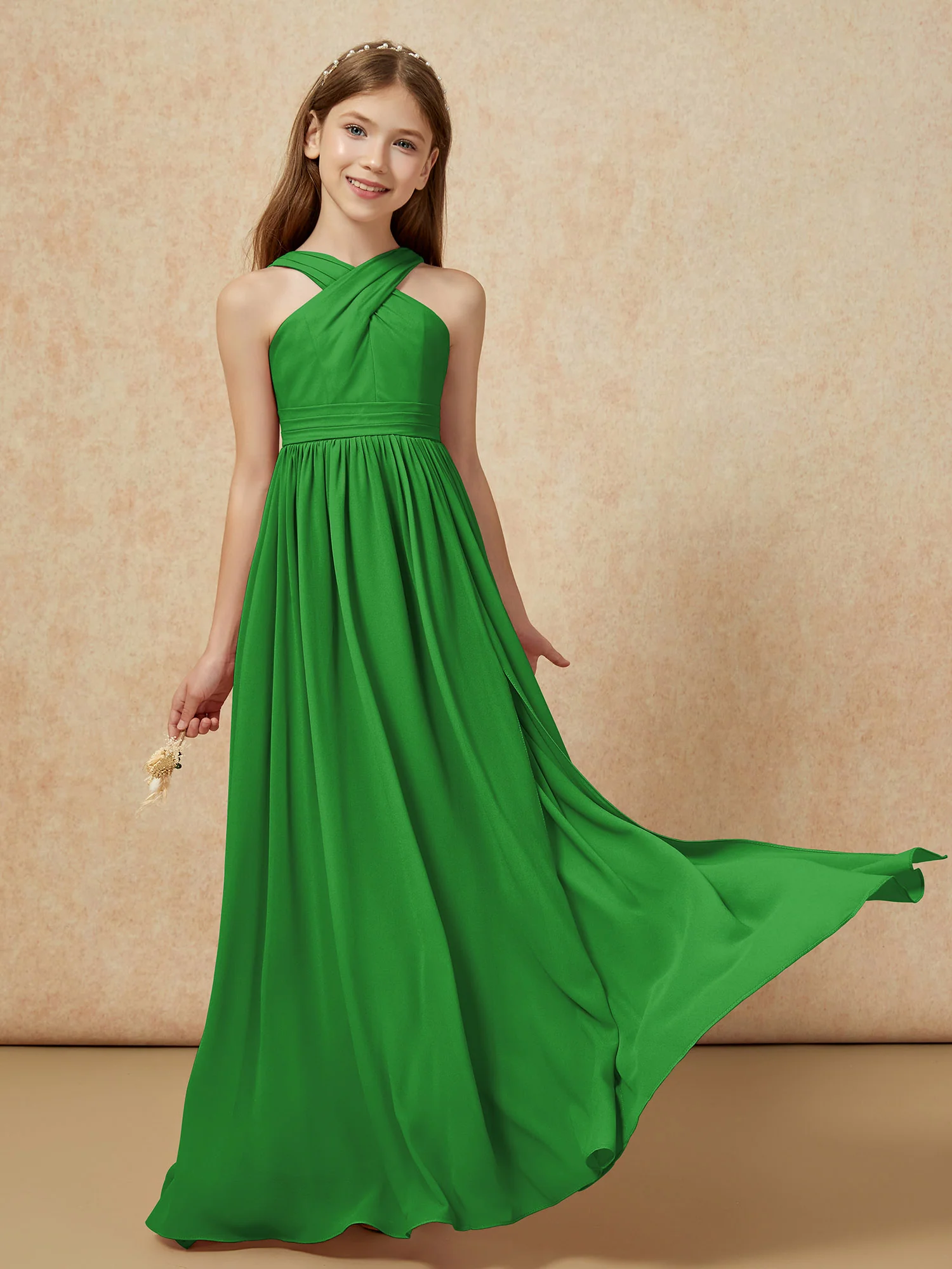 Grecian Neck Chiffon Junior Bridesmaid Dresses With Slit Green - Image 5