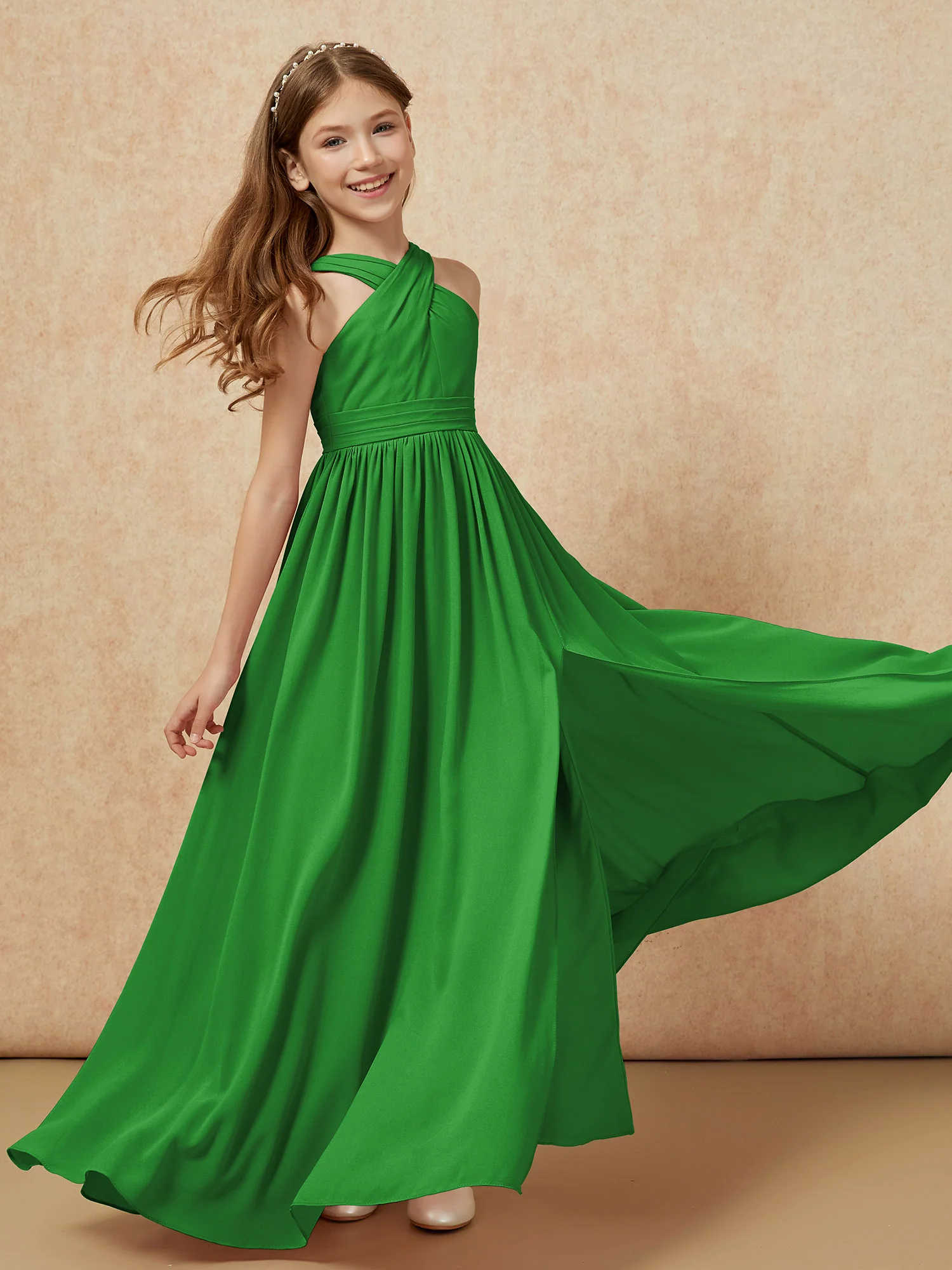 Grecian Neck Chiffon Junior Bridesmaid Dresses With Slit Green - Image 6