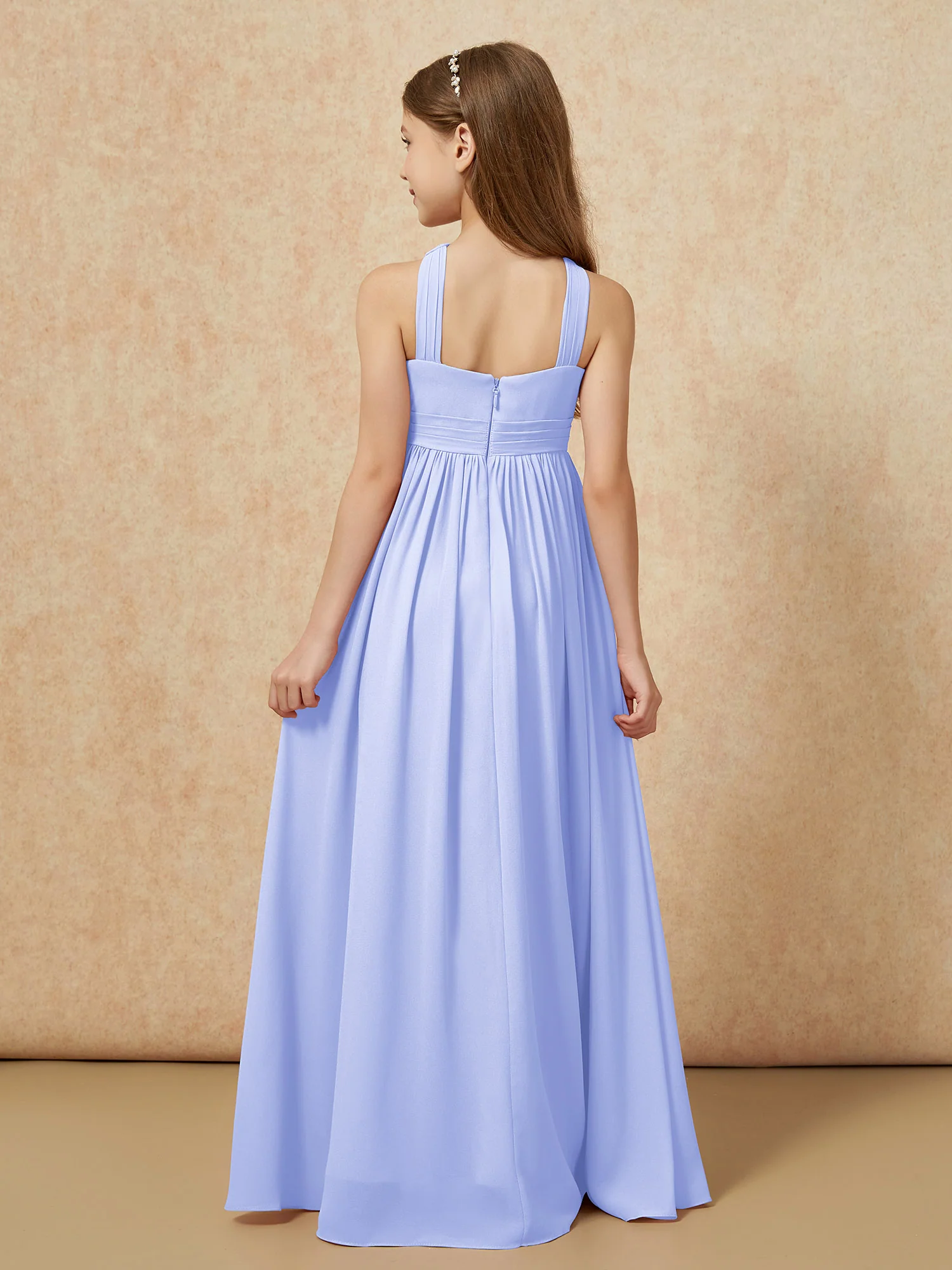 Grecian Neck Chiffon Junior Bridesmaid Dresses With Slit Lavender - Image 2