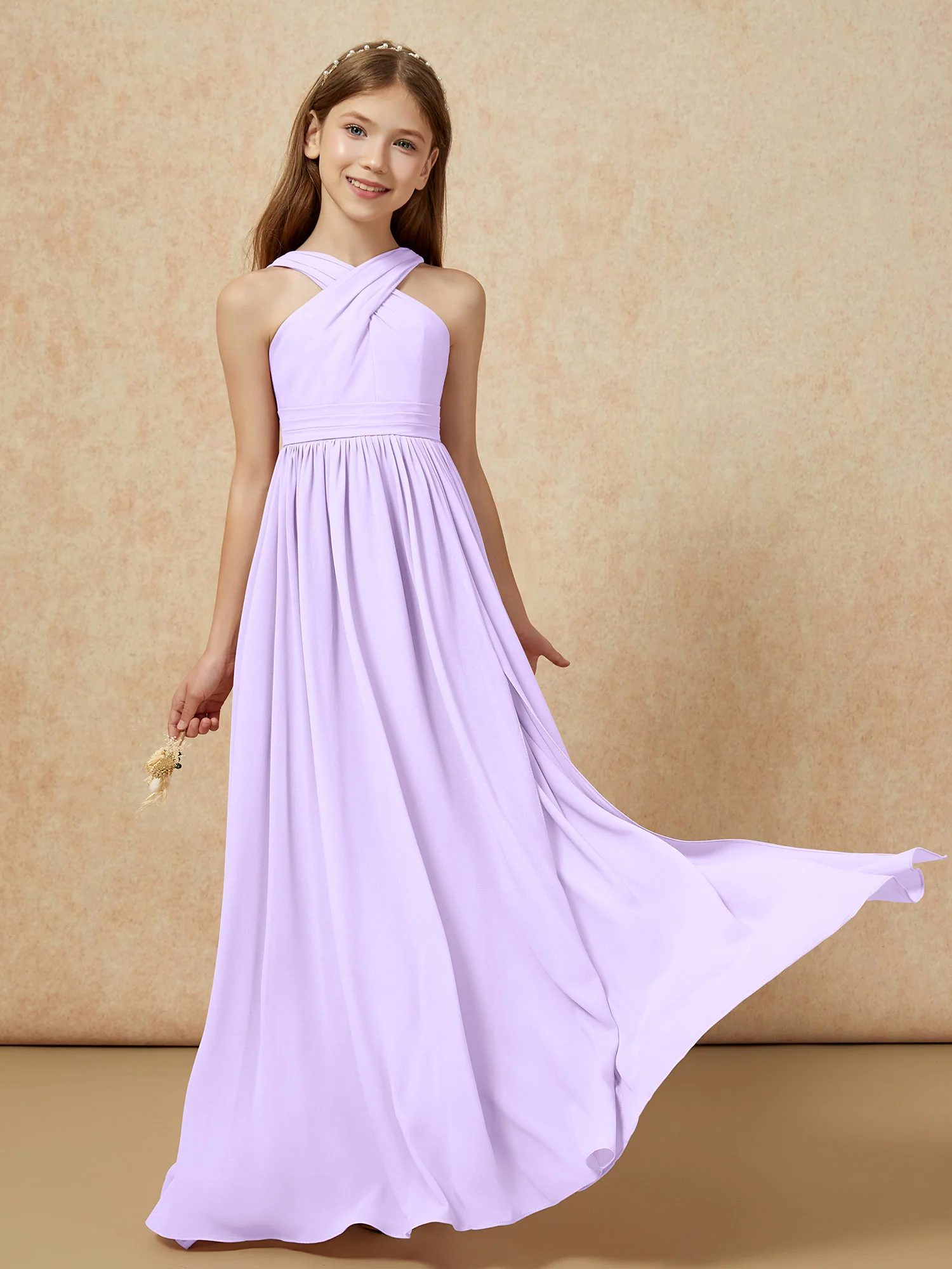 Grecian Neck Chiffon Junior Bridesmaid Dresses With Slit Lilac - Image 5