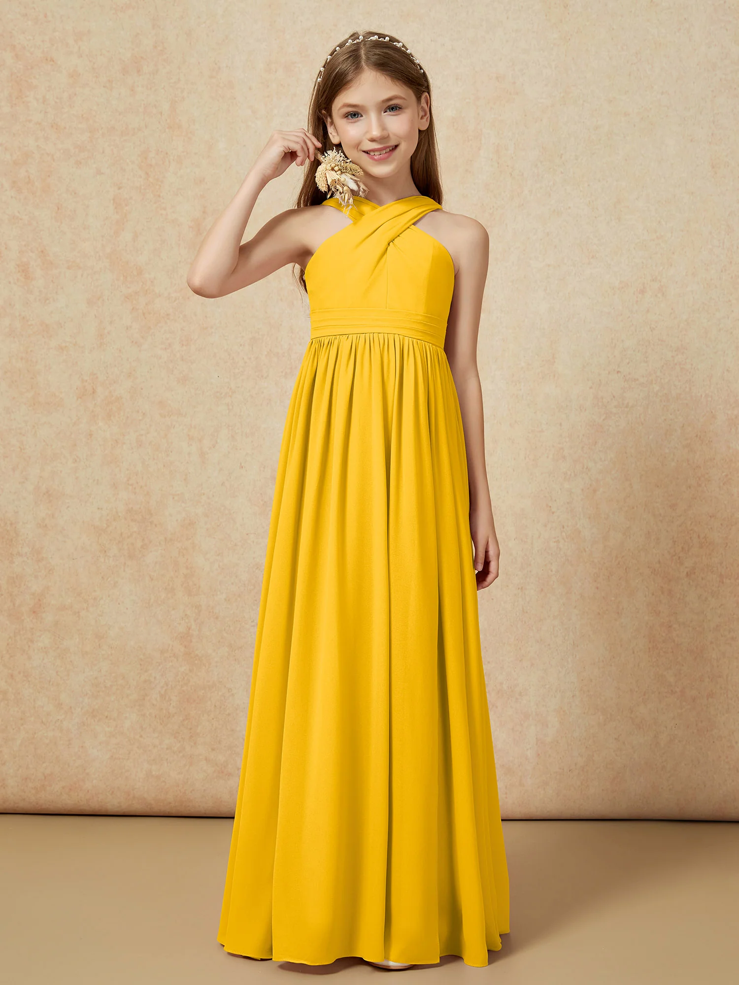 Grecian Neck Chiffon Junior Bridesmaid Dresses With Slit Marigold