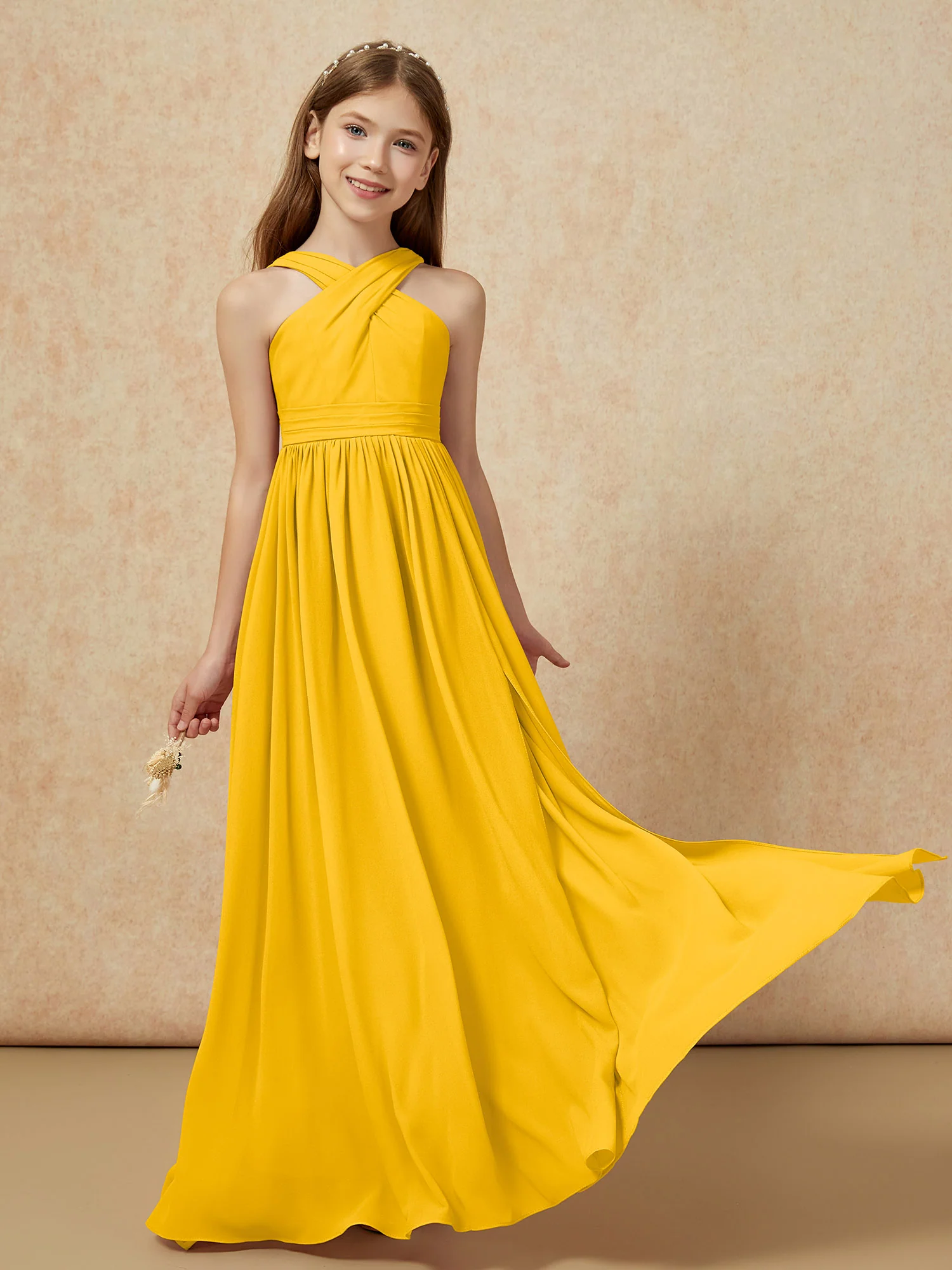 Grecian Neck Chiffon Junior Bridesmaid Dresses With Slit Marigold - Image 5