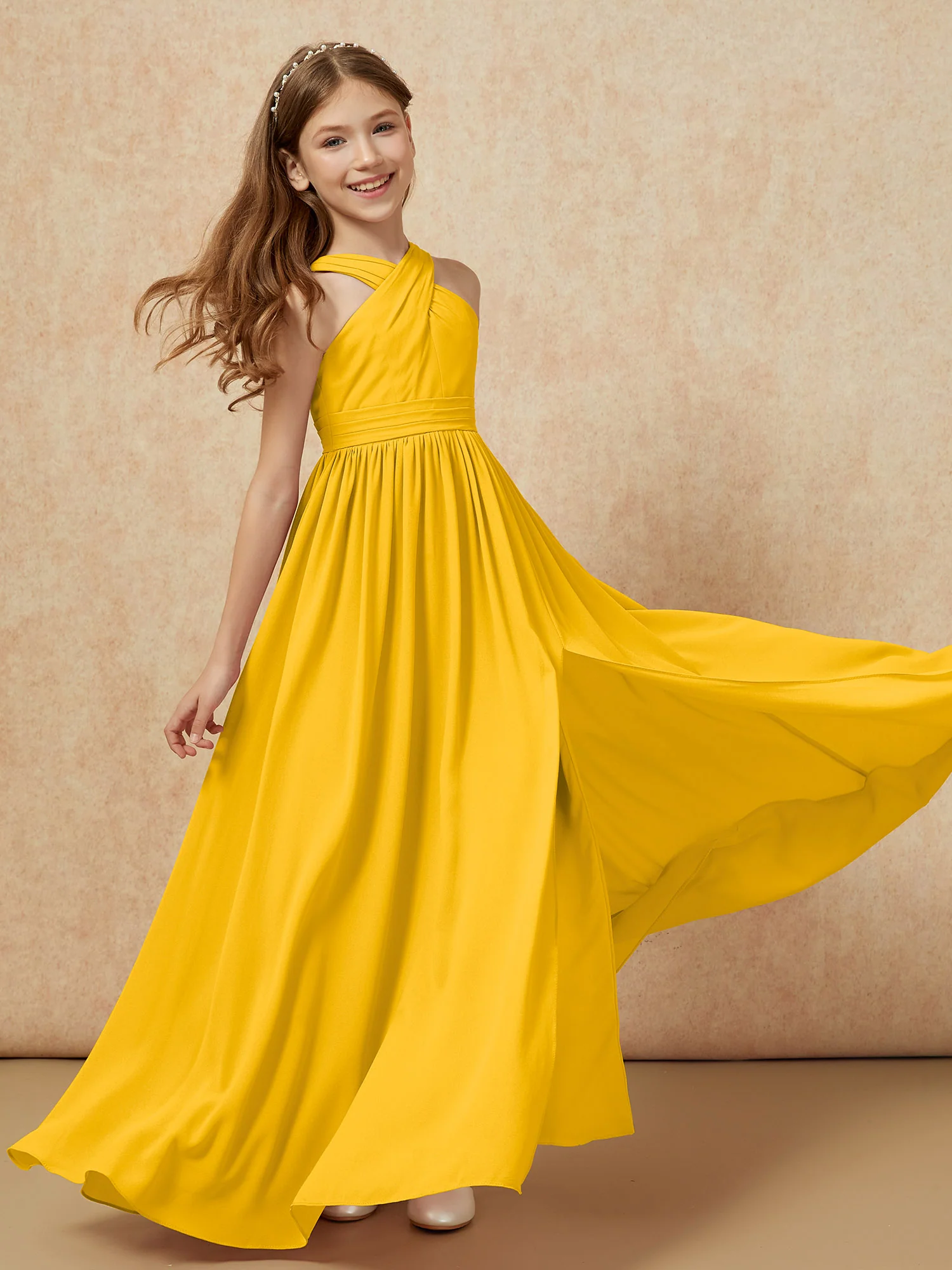 Grecian Neck Chiffon Junior Bridesmaid Dresses With Slit Marigold - Image 6