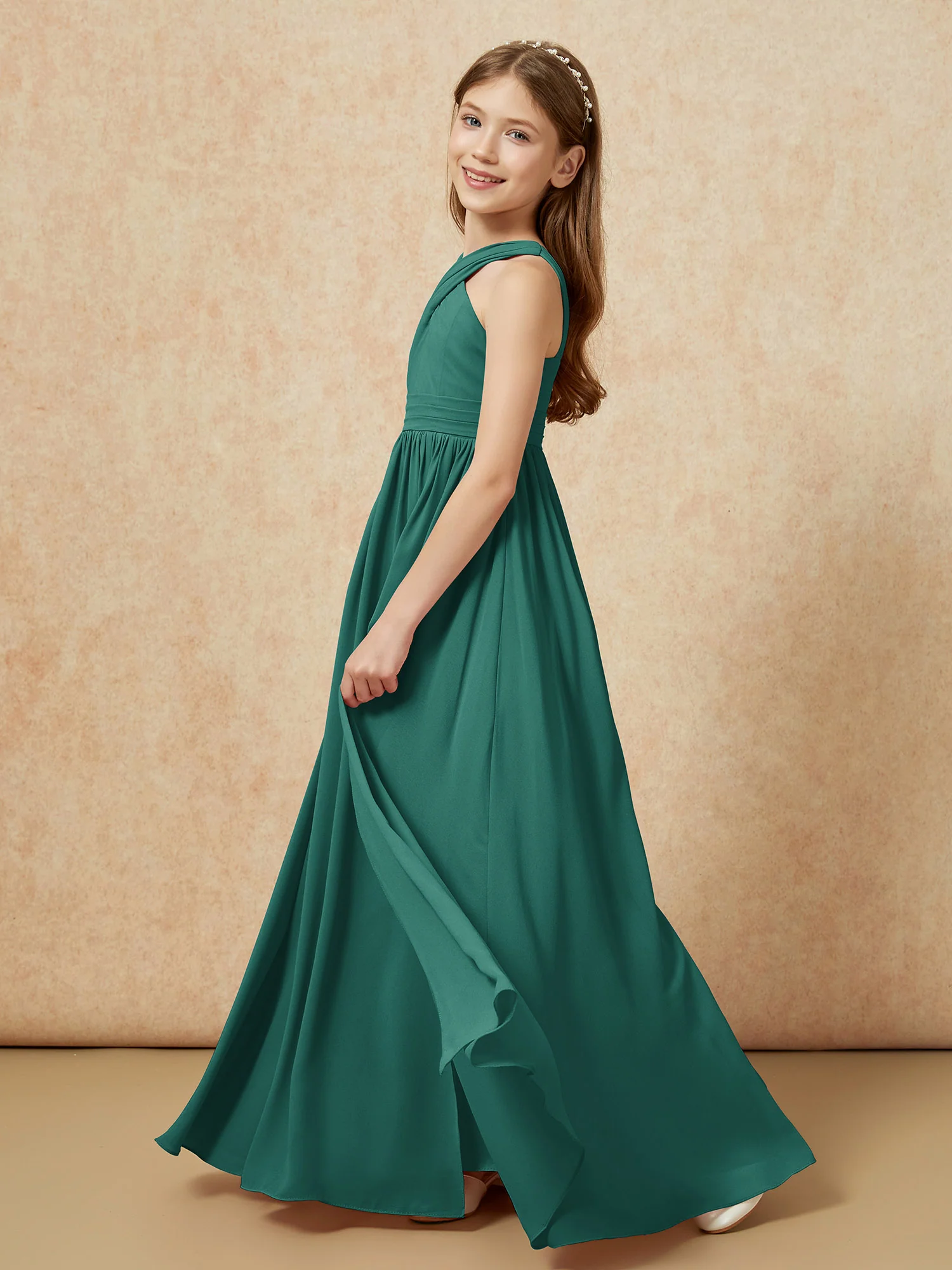 Grecian Neck Chiffon Junior Bridesmaid Dresses With Slit Peacock - Image 3