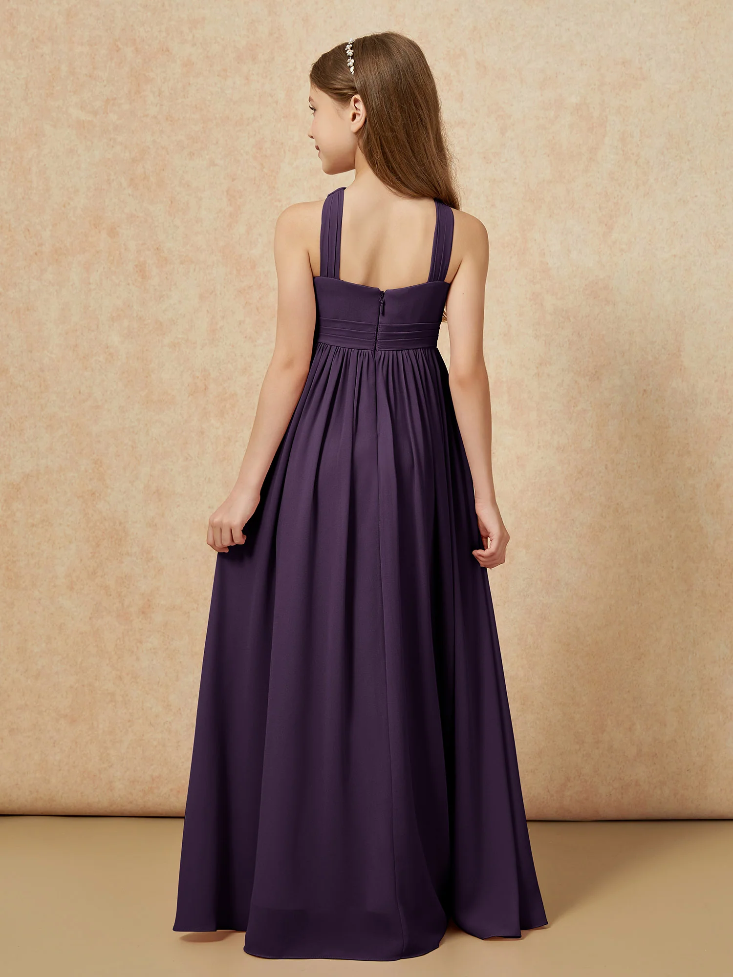 Grecian Neck Chiffon Junior Bridesmaid Dresses With Slit Plum - Image 2