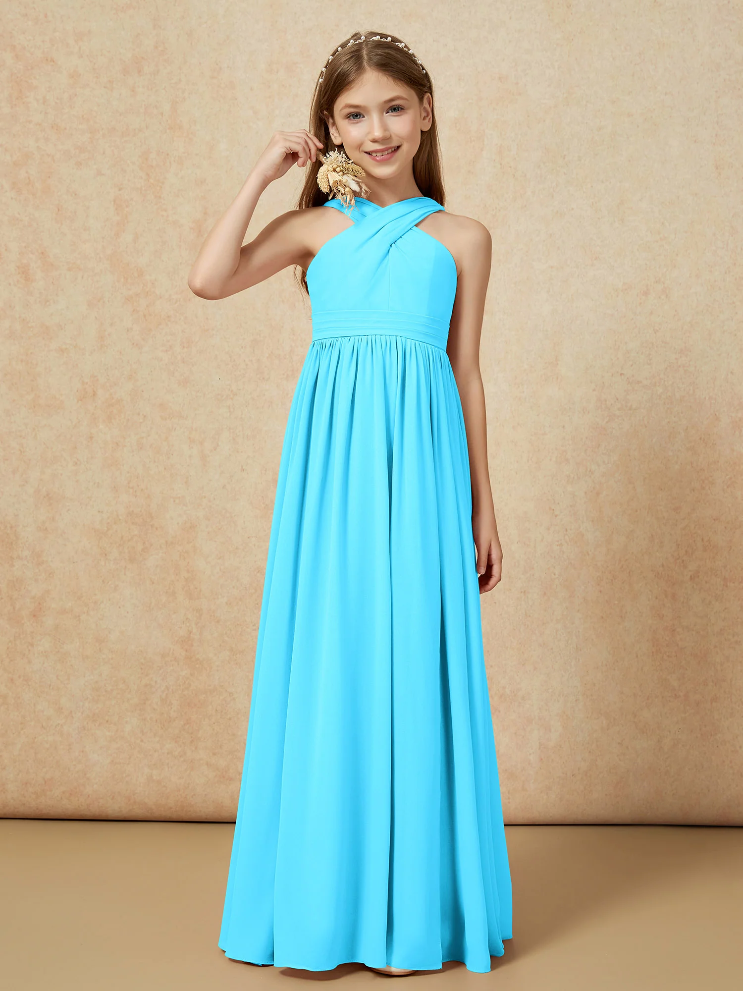 Grecian Neck Chiffon Junior Bridesmaid Dresses With Slit Pool