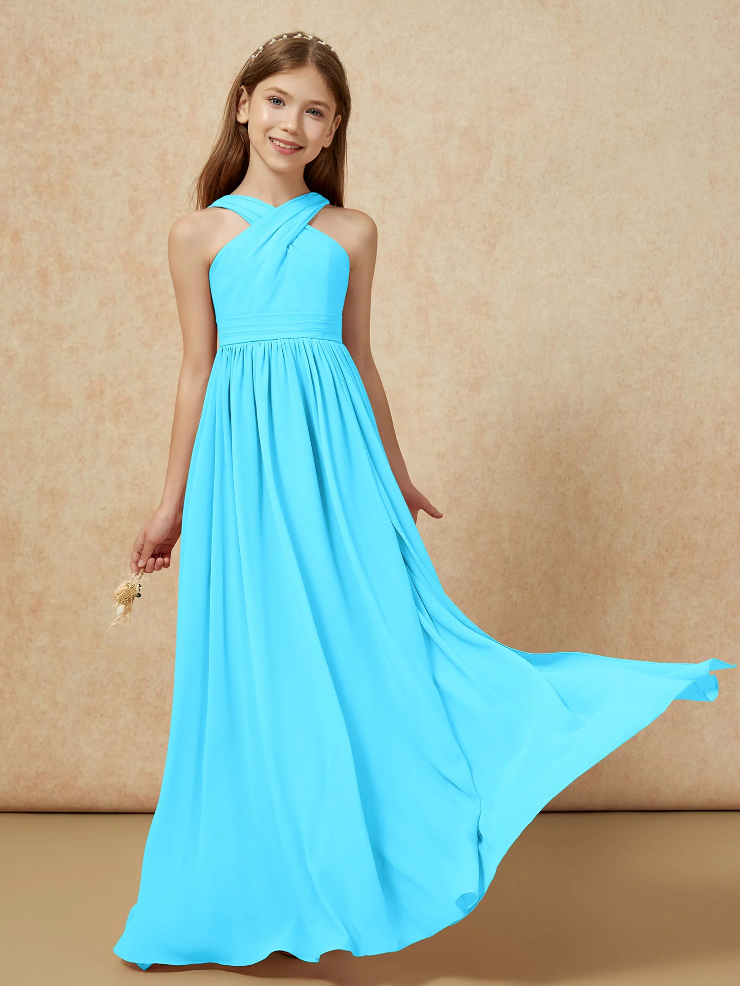 Grecian Neck Chiffon Junior Bridesmaid Dresses With Slit Pool - Image 5