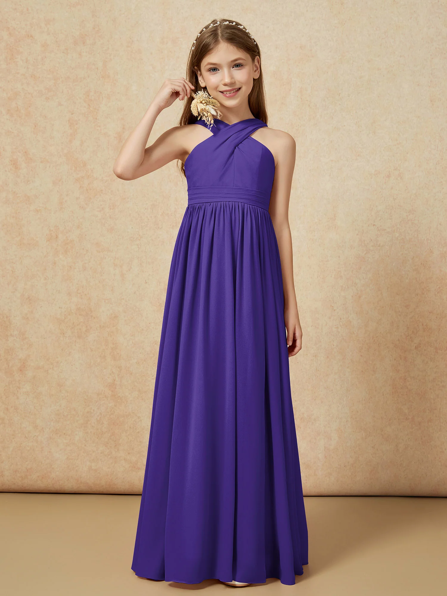 Grecian Neck Chiffon Junior Bridesmaid Dresses With Slit Regency