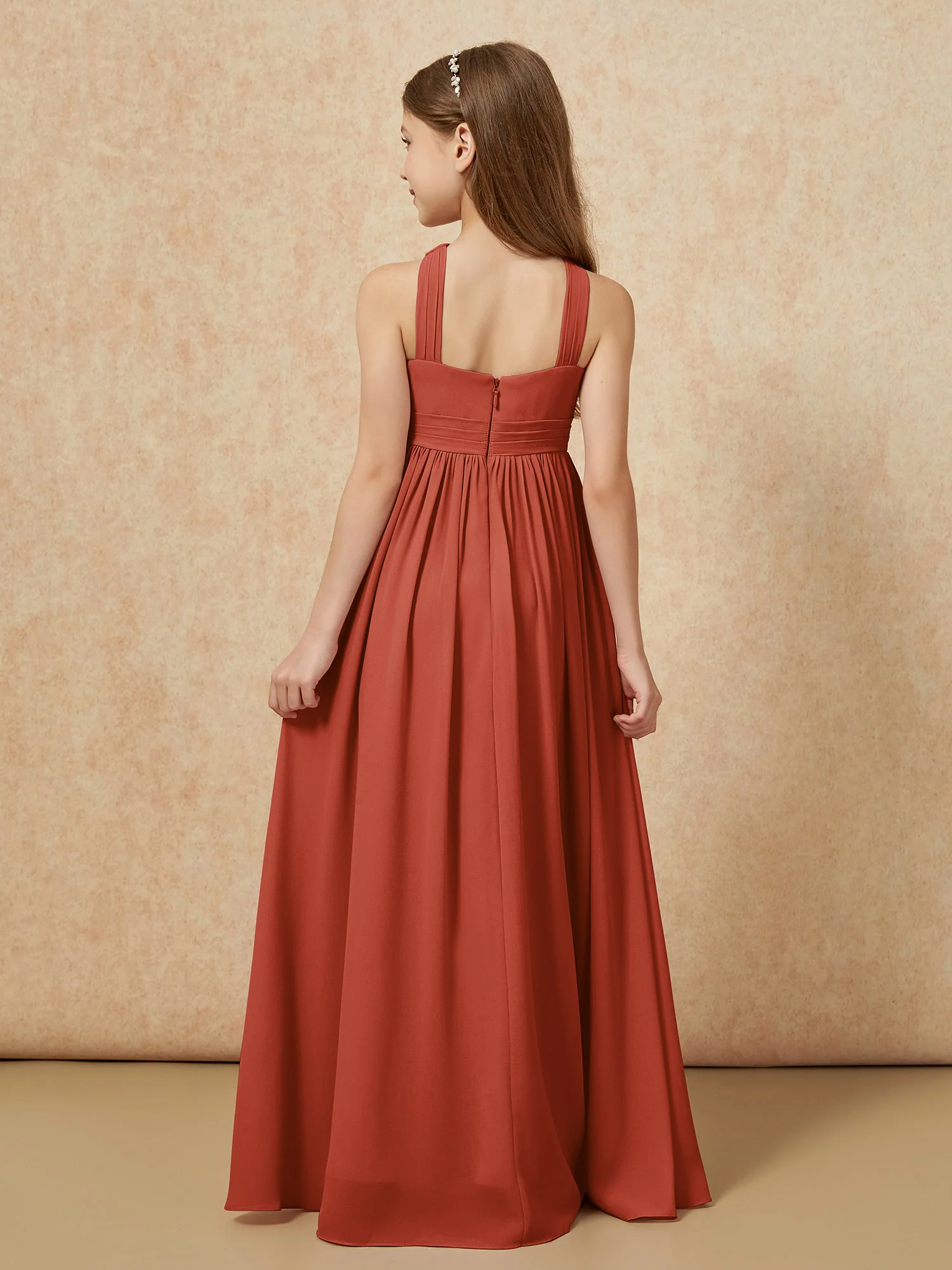 Grecian Neck Chiffon Junior Bridesmaid Dresses With Slit Rust - Image 2