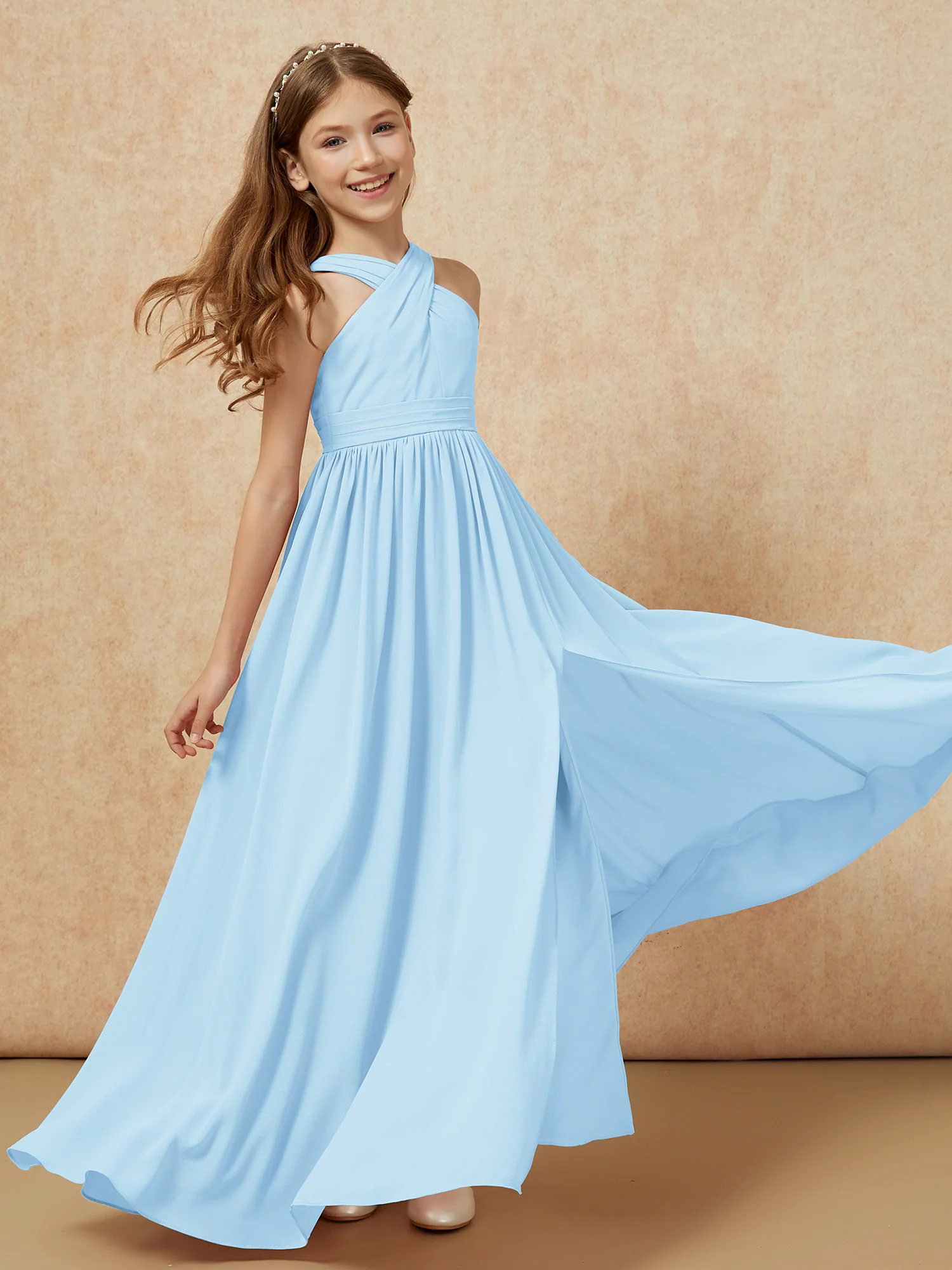 Grecian Neck Chiffon Junior Bridesmaid Dresses With Slit Sky Blue - Image 6