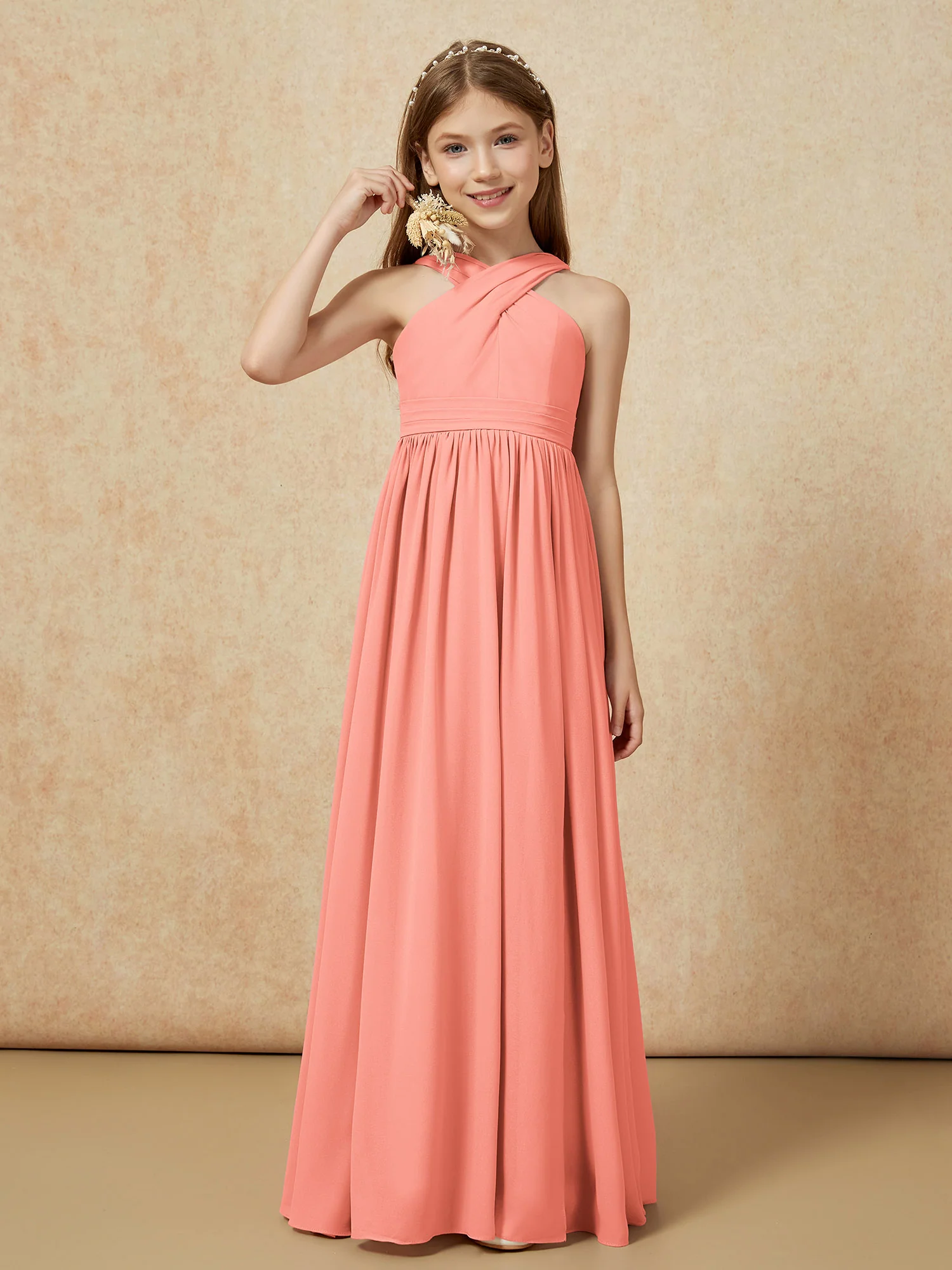 Grecian Neck Chiffon Junior Bridesmaid Dresses With Slit Sunset