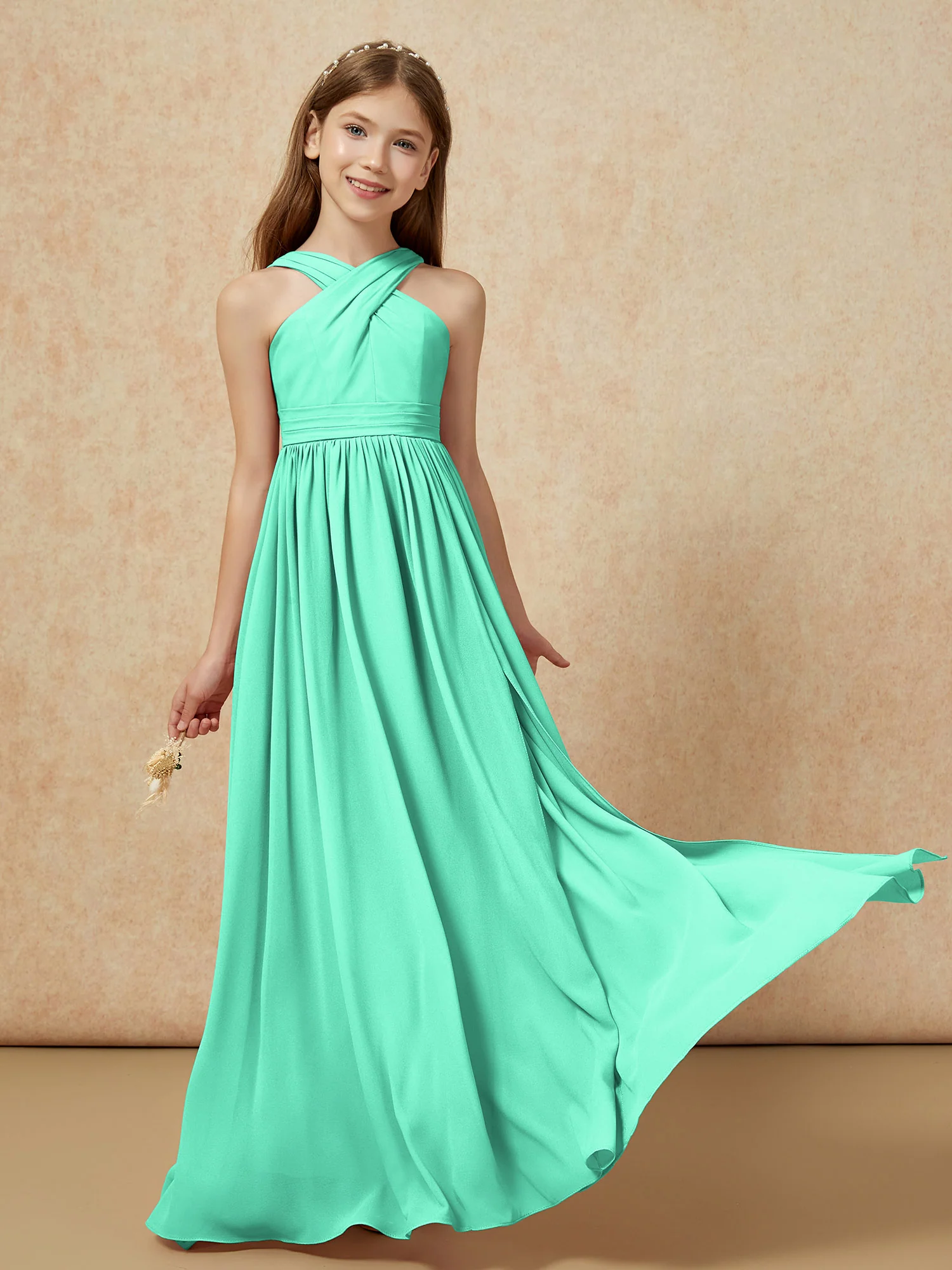 Grecian Neck Chiffon Junior Bridesmaid Dresses With Slit Turquoise - Image 5