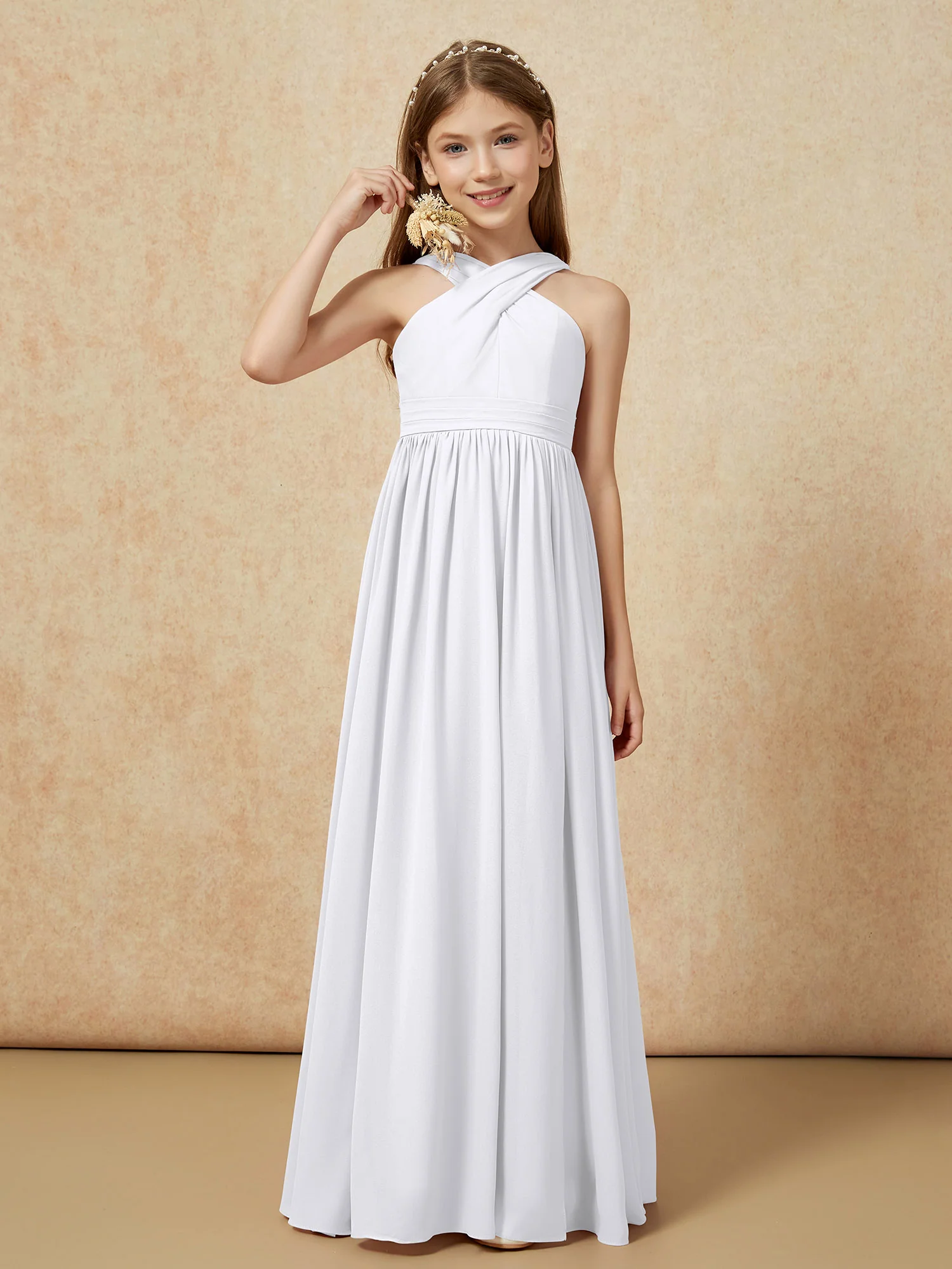 Grecian Neck Chiffon Junior Bridesmaid Dresses With Slit White