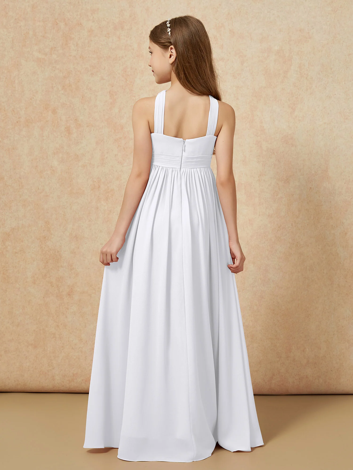 Grecian Neck Chiffon Junior Bridesmaid Dresses With Slit White - Image 2