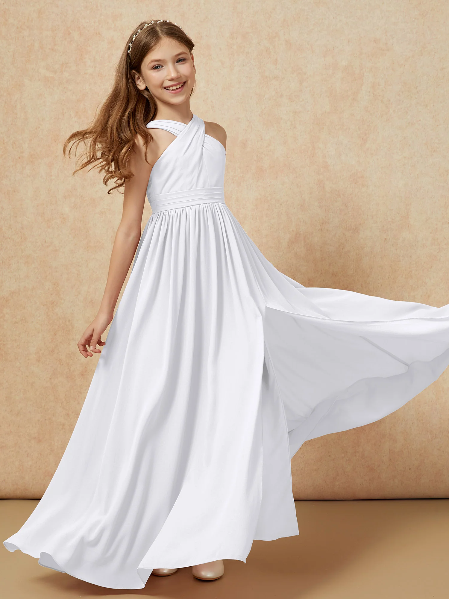 Grecian Neck Chiffon Junior Bridesmaid Dresses With Slit White - Image 6