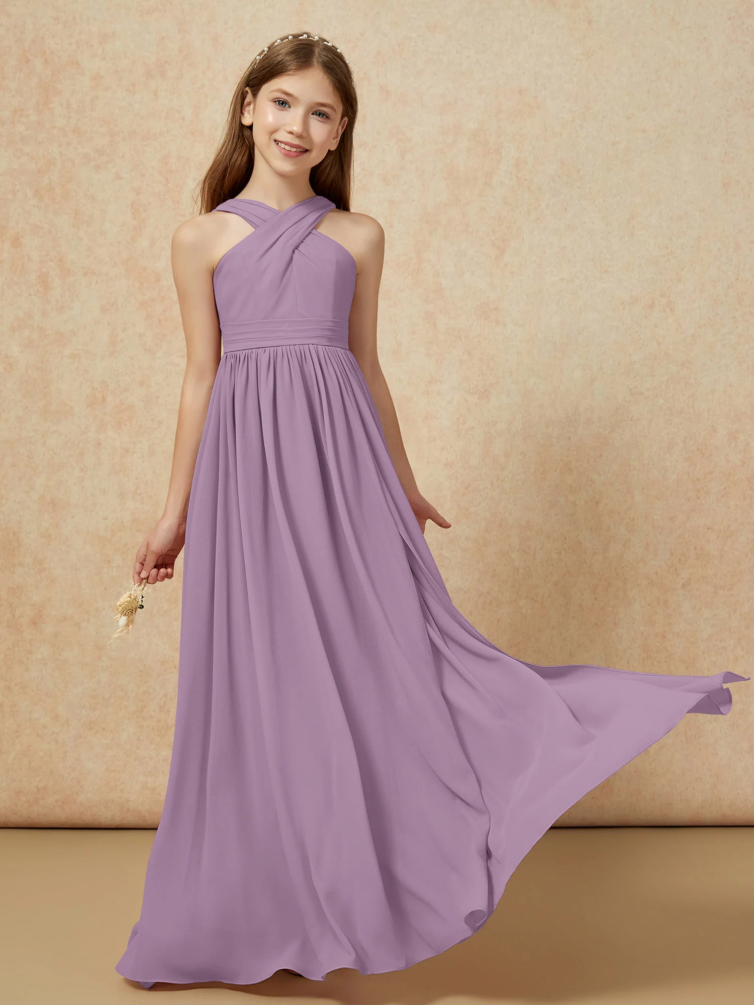 Grecian Neck Chiffon Junior Bridesmaid Dresses With Slit Wisteria - Image 5