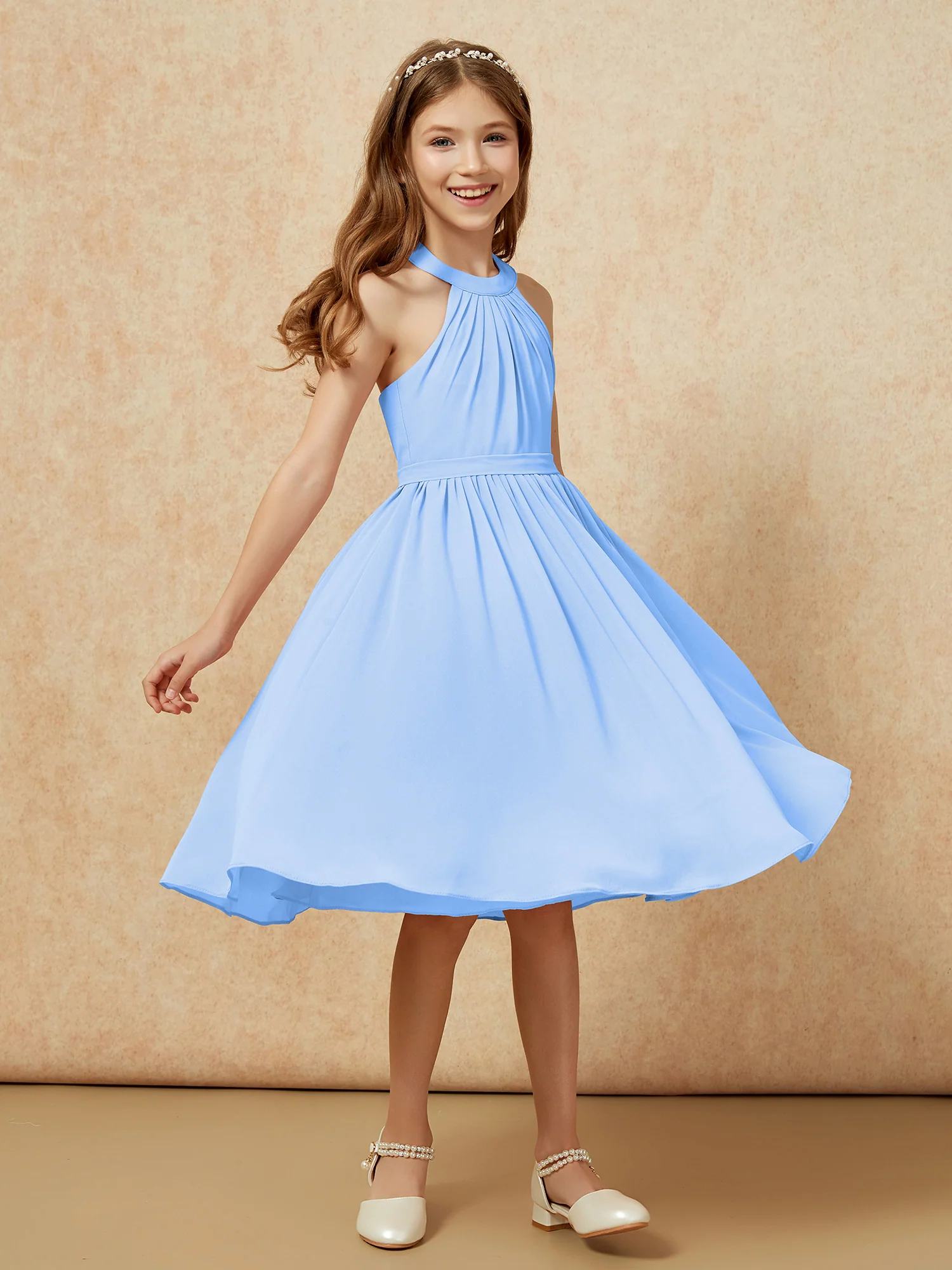 Grecian Neck Knee-length Chiffon Junior Bridesmaid Dress Blue - Image 3
